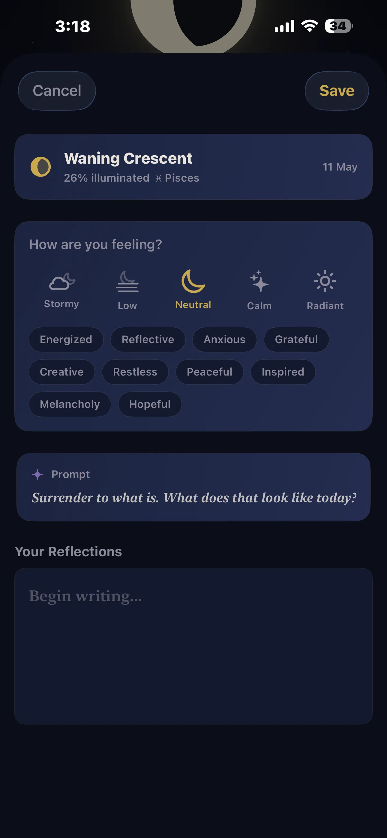 Luna Journal entry editor showing mood picker, tags, and reflection prompt