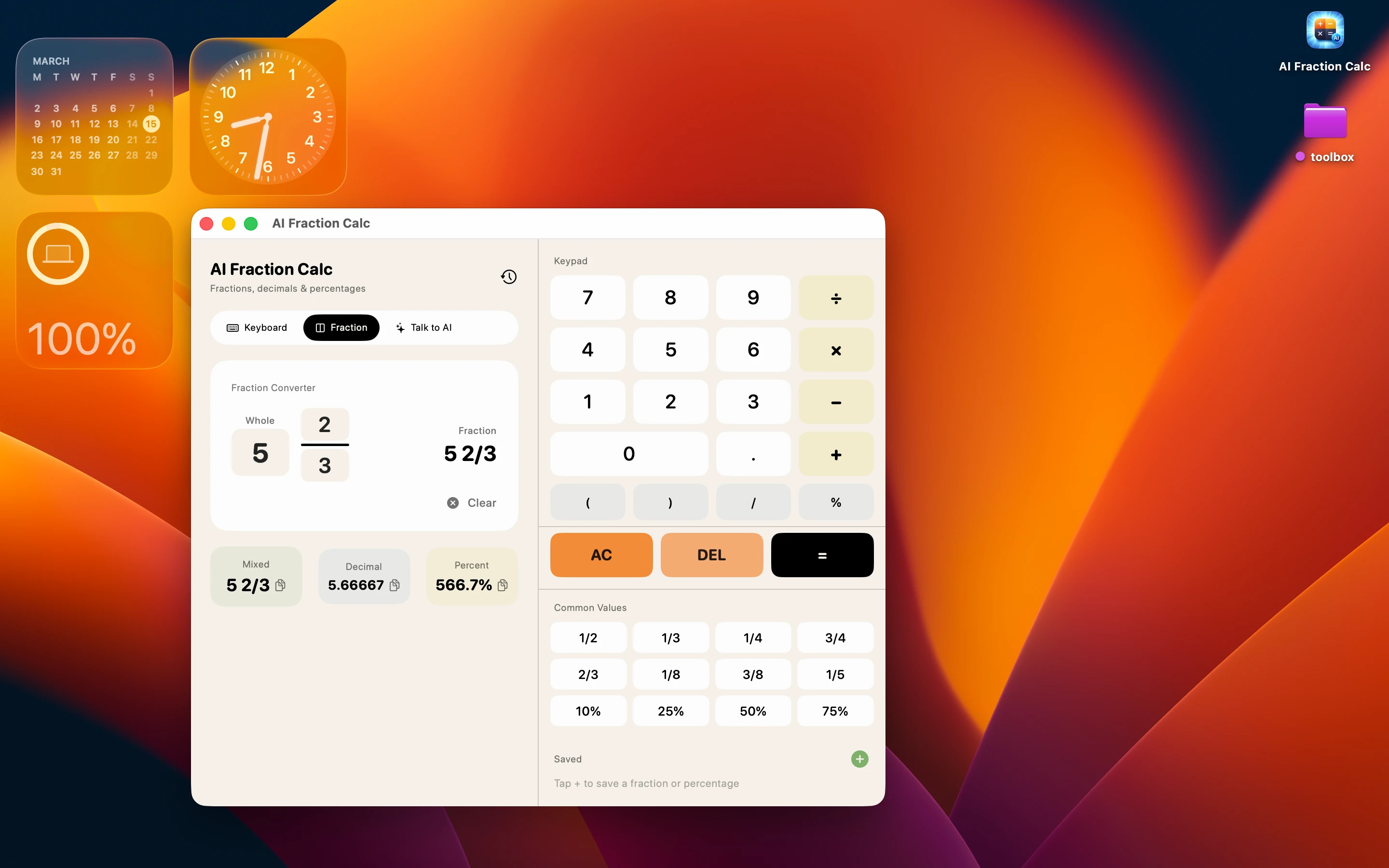 AI Fraction Calc fraction converter with mixed number, decimal, and percentage output