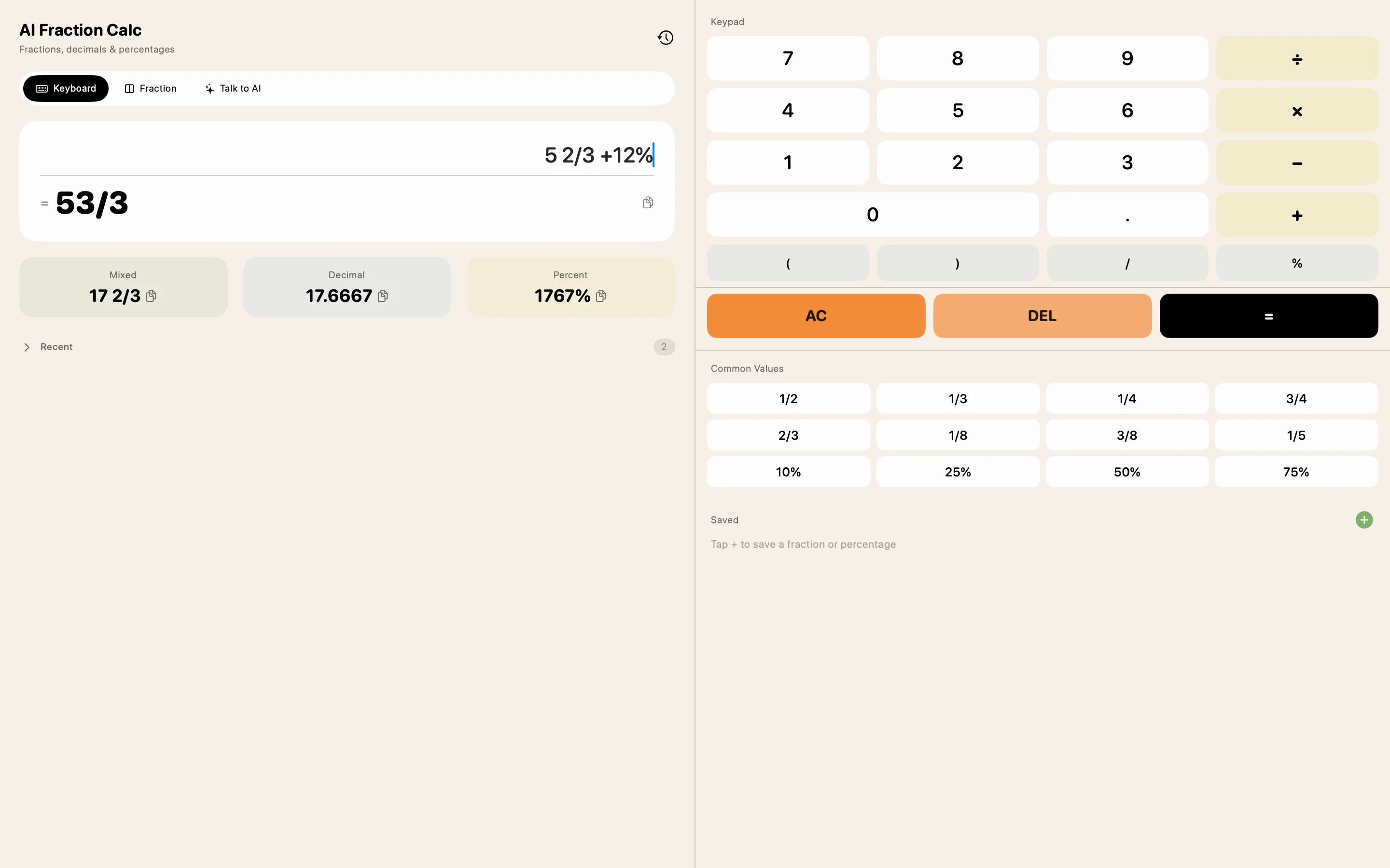 AI Fraction Calc mixed fraction and percentage calculation