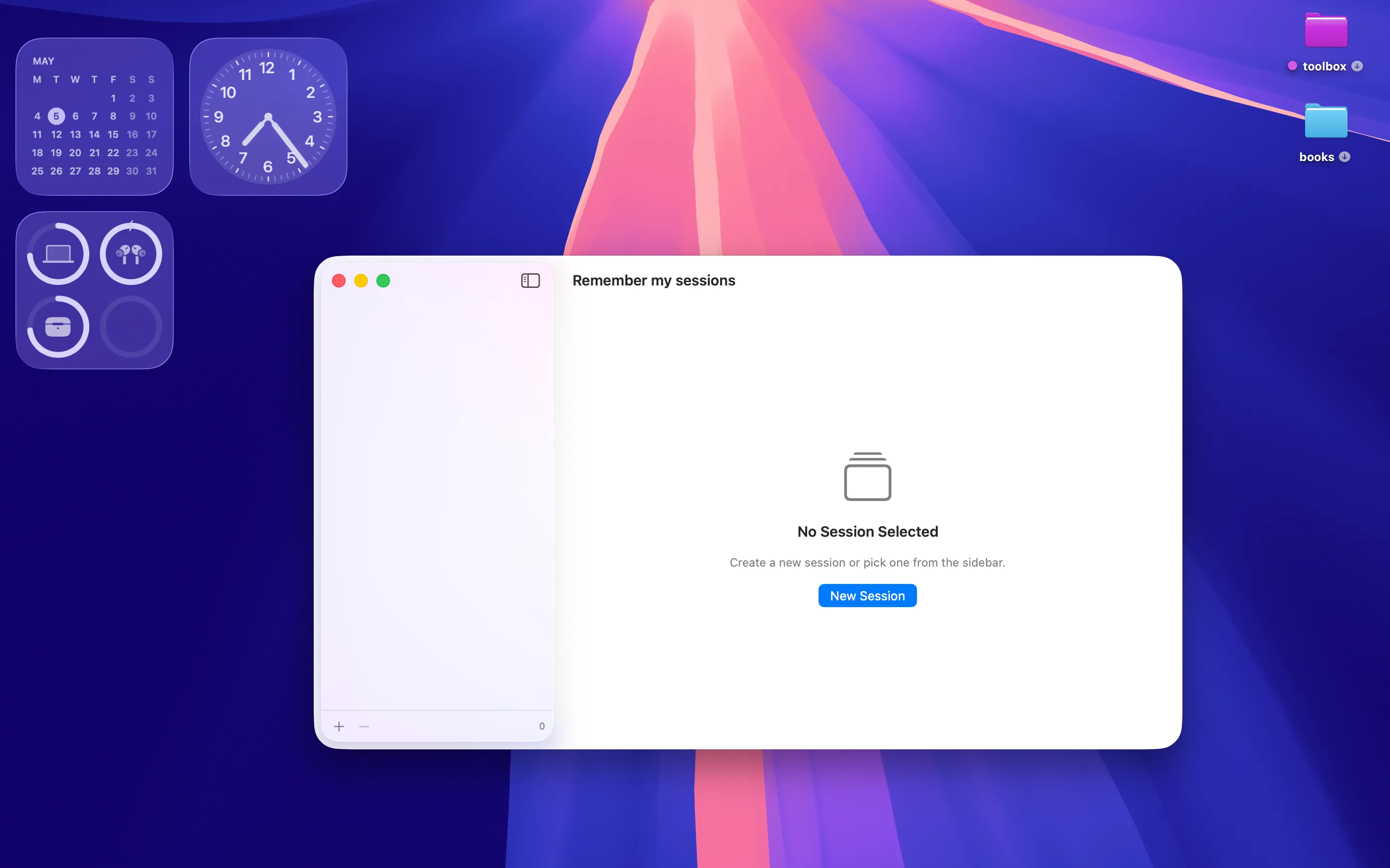 Remember my sessions empty state on macOS desktop with No Session Selected message and New Session button