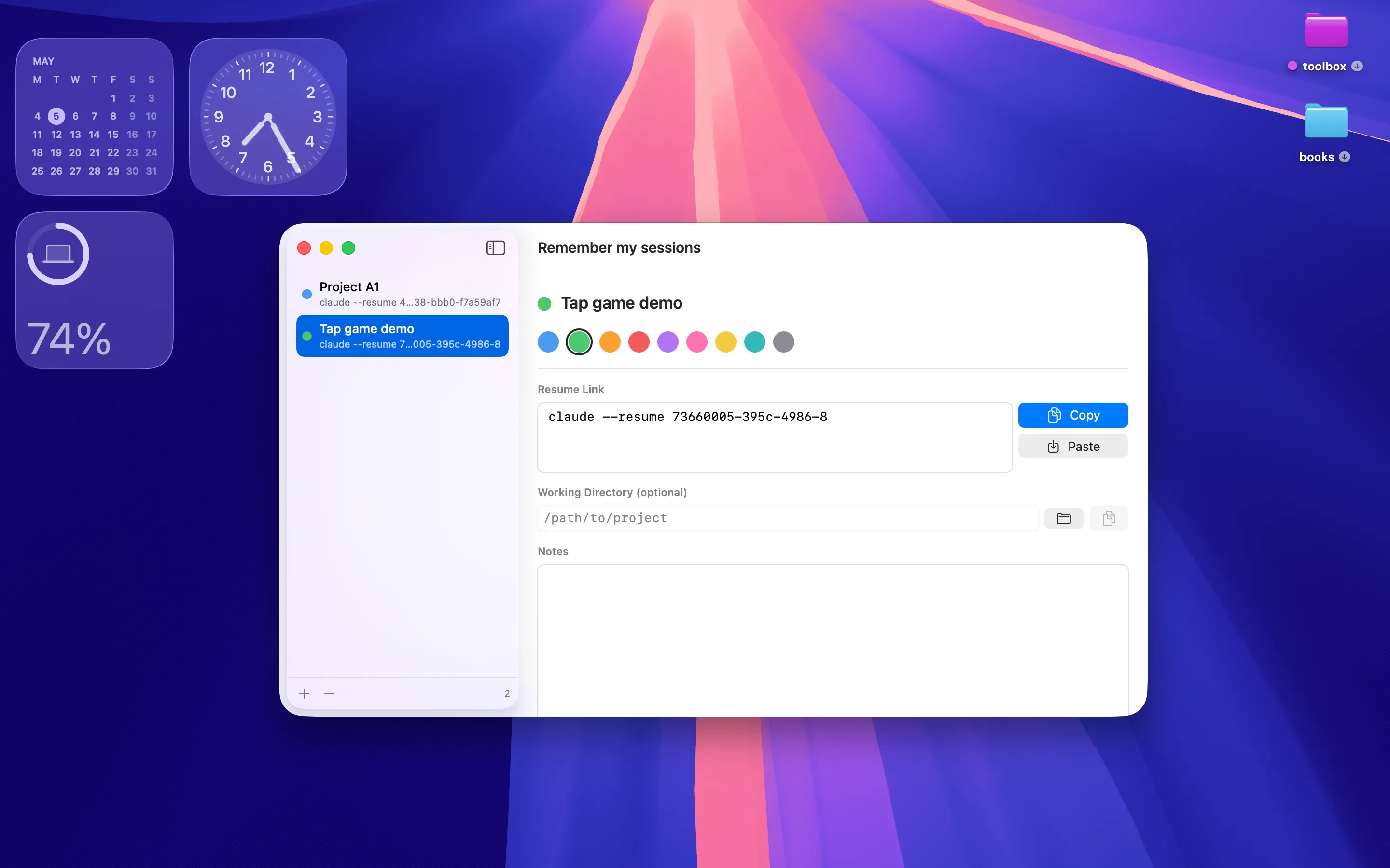 Remember my sessions detail view showing colour picker, resume link, working directory, and notes for a Tap game demo session