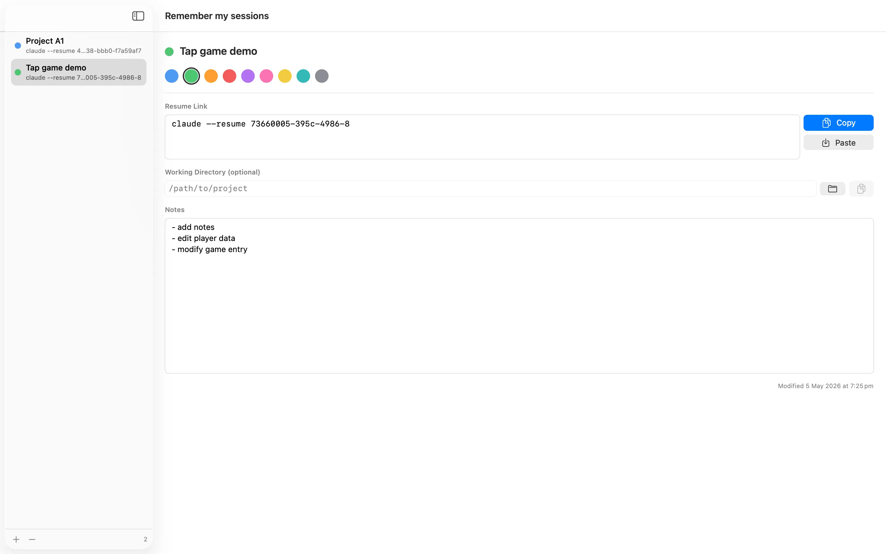 Remember my sessions with sidebar showing two sessions and detail view filled with progress notes