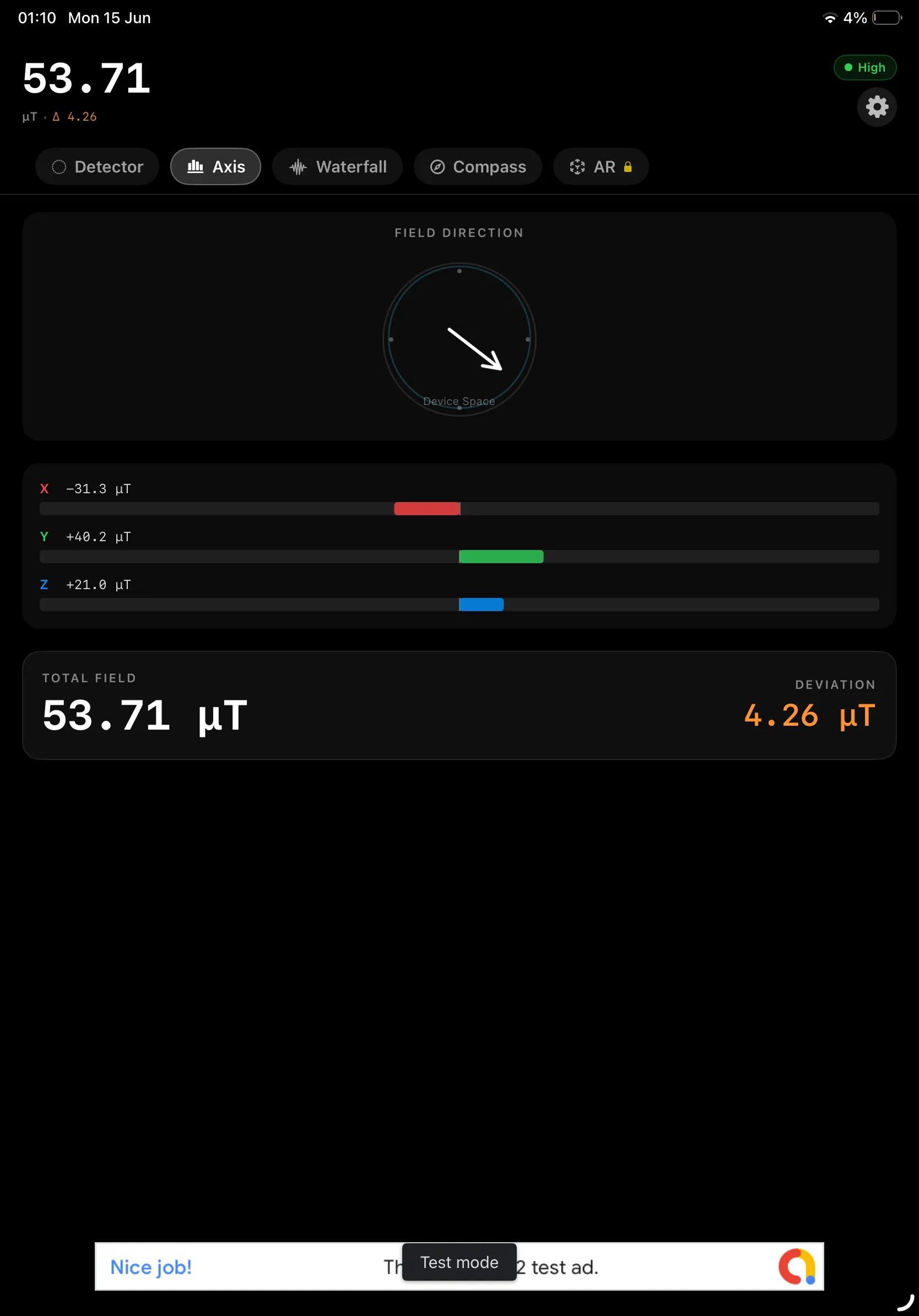 Axis view with X, Y, Z field direction on iPad