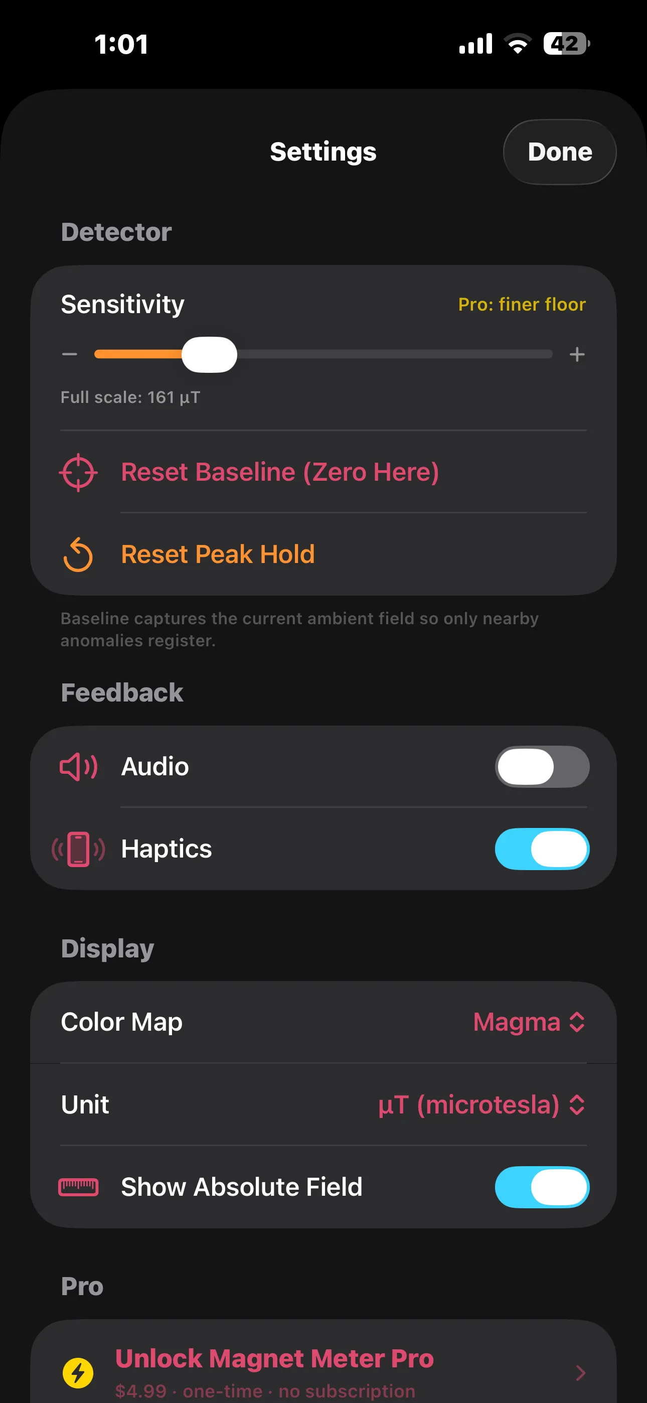 Settings — sensitivity, feedback, and display
