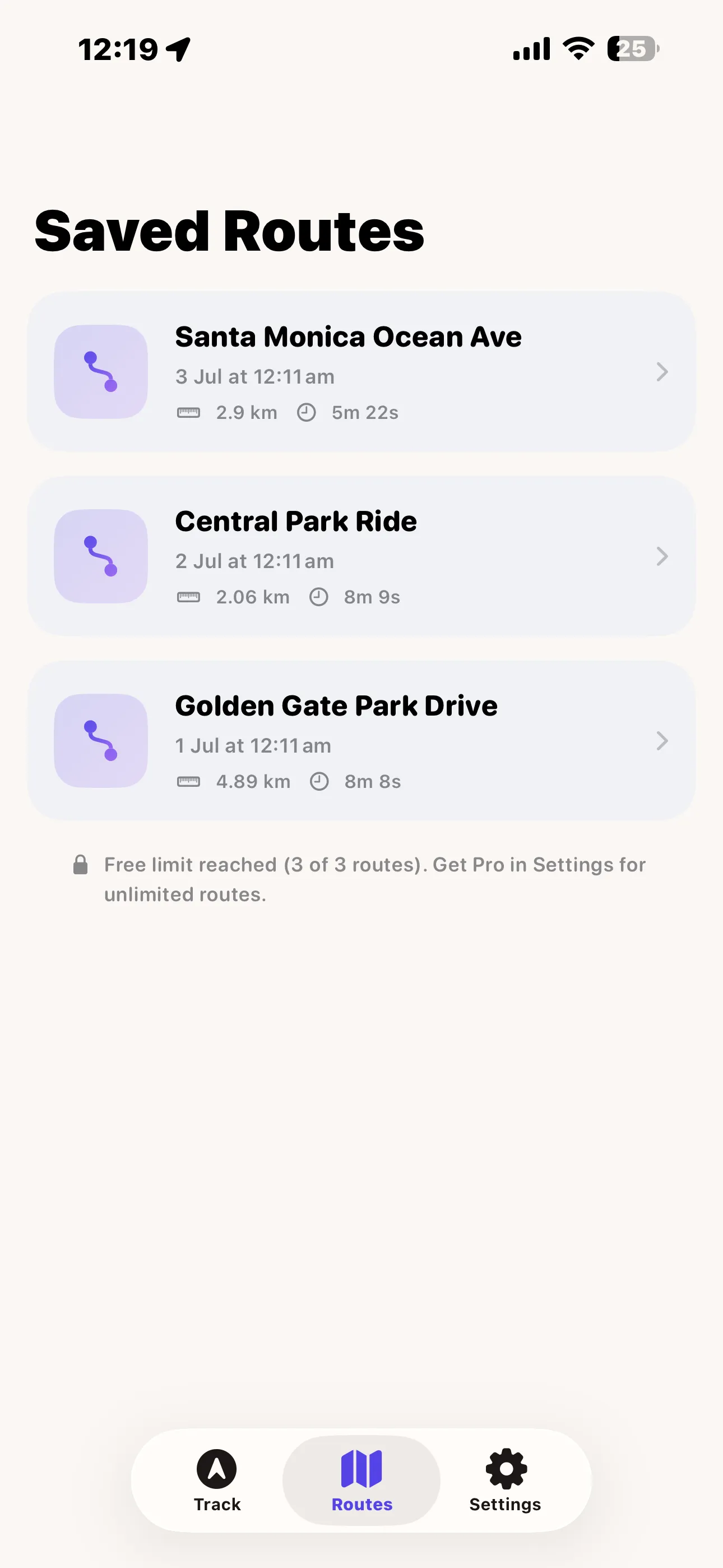 Saved Routes list showing name, date, distance and time for each recorded route