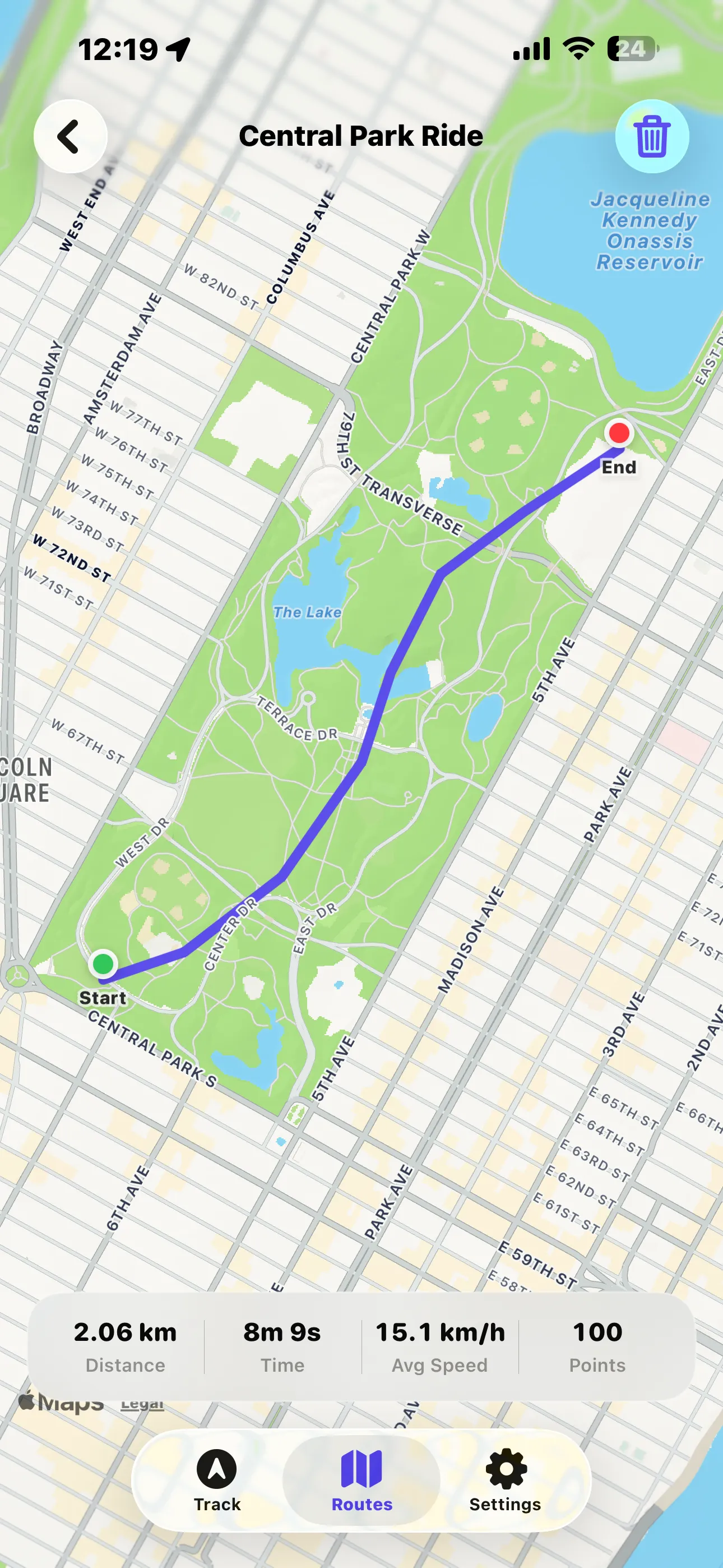 Route detail view with Start and End markers on the map and distance, time, average speed and points
