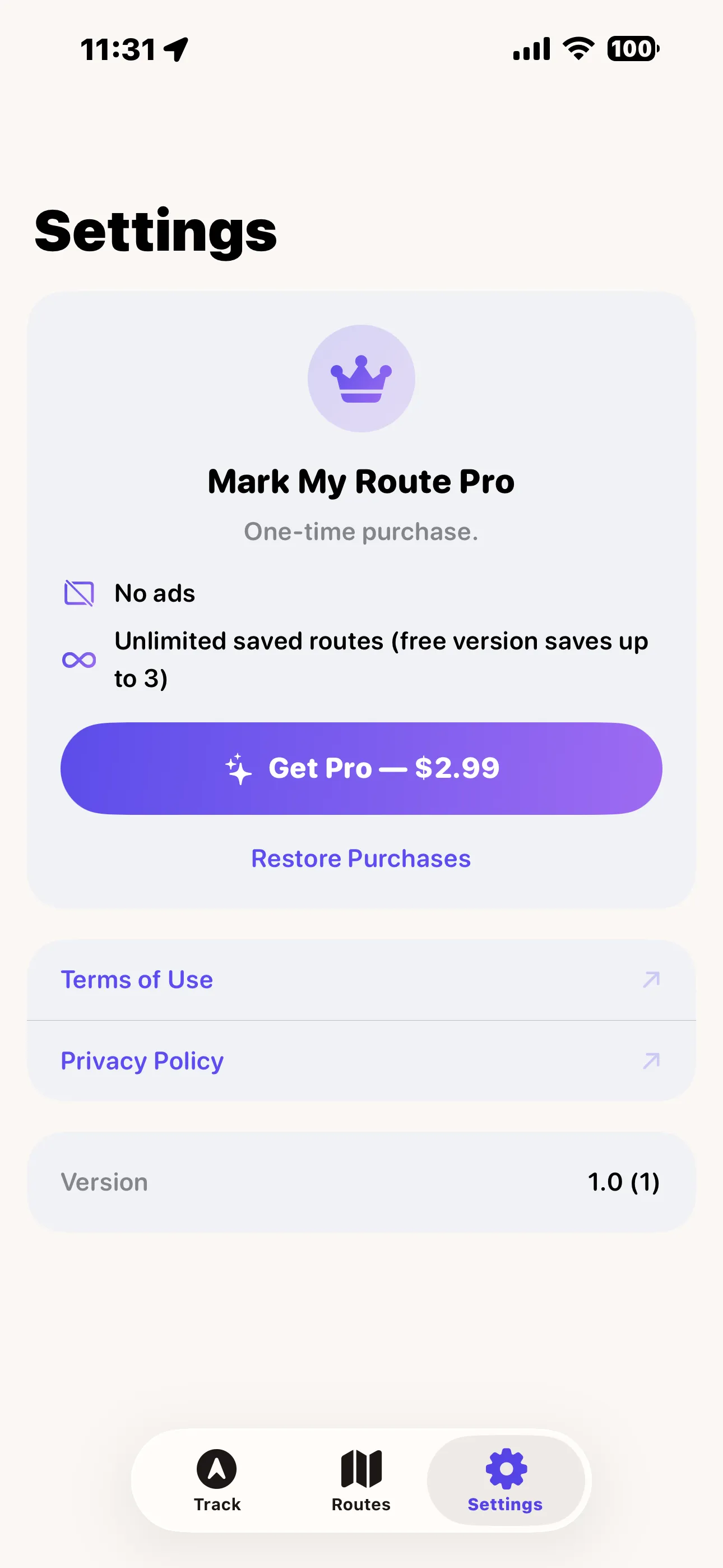 Settings tab with the Mark My Route Pro one-time upgrade removing ads and unlocking unlimited saved routes