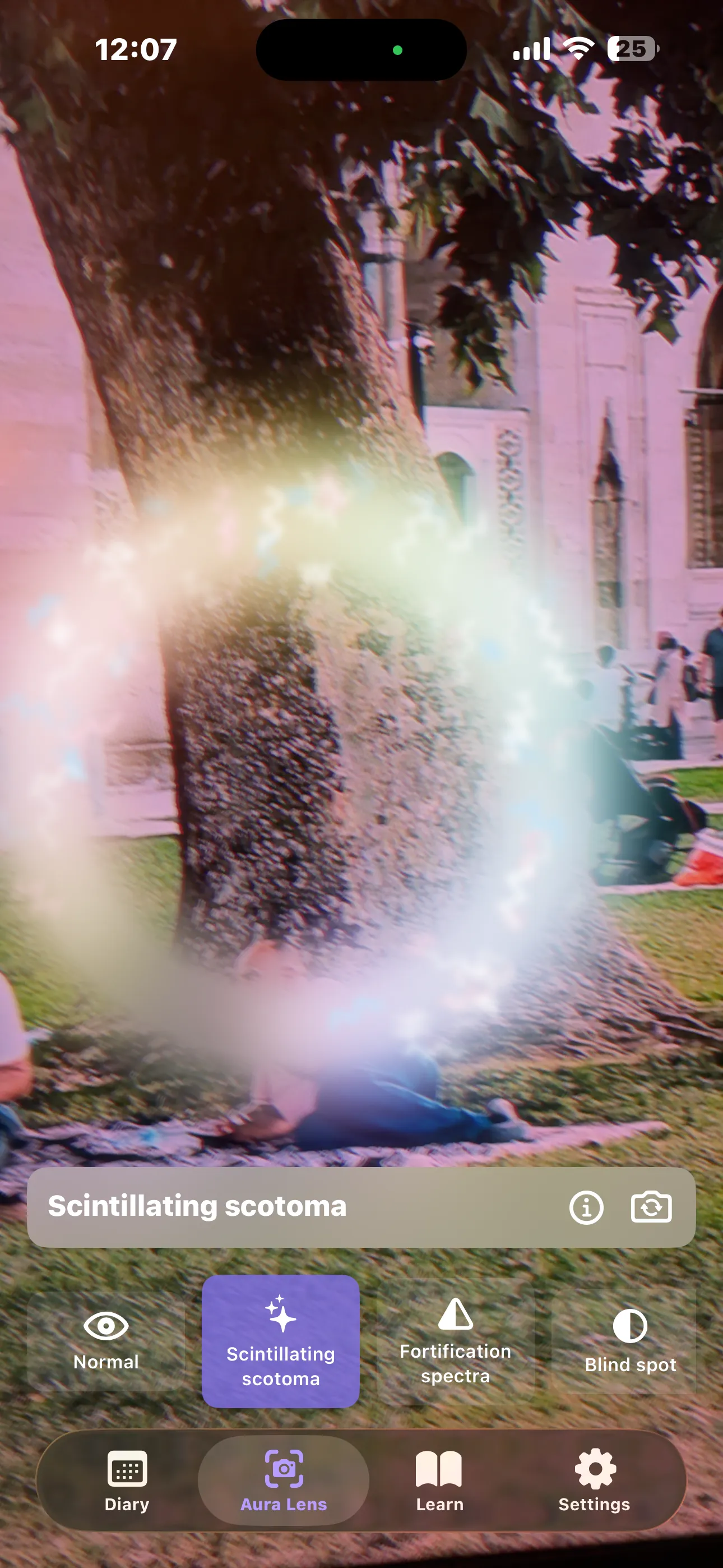 Aura Lens simulating a scintillating scotoma — a shimmering arc across a park scene, with the filter picker below