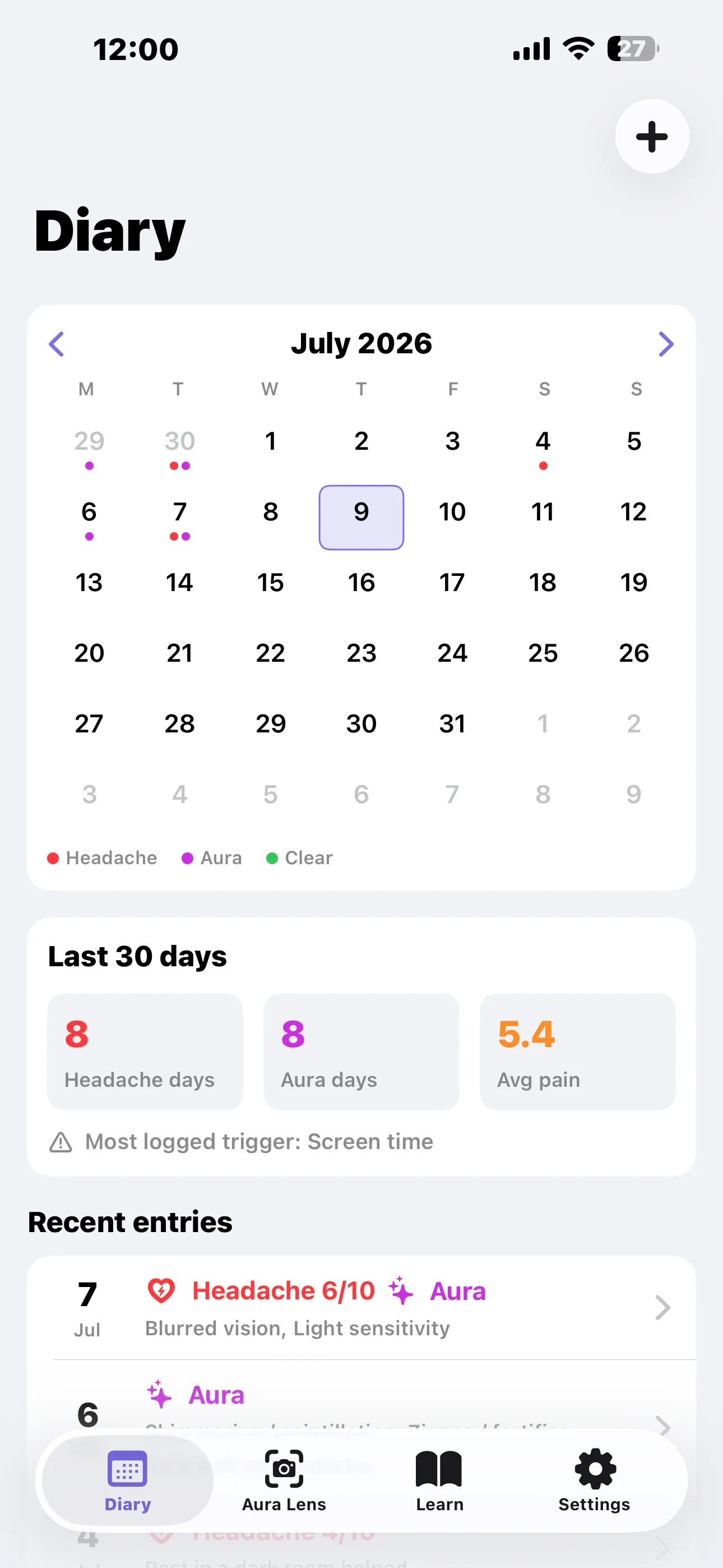 Diary tab with a July month calendar dotting headache and aura days, plus a 30-day summary of headache days, aura days and average pain