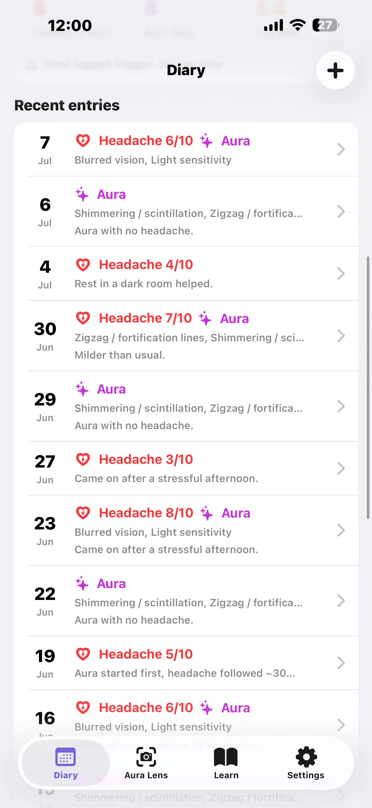 Recent diary entries listing headache severity, aura and symptom notes for each logged day