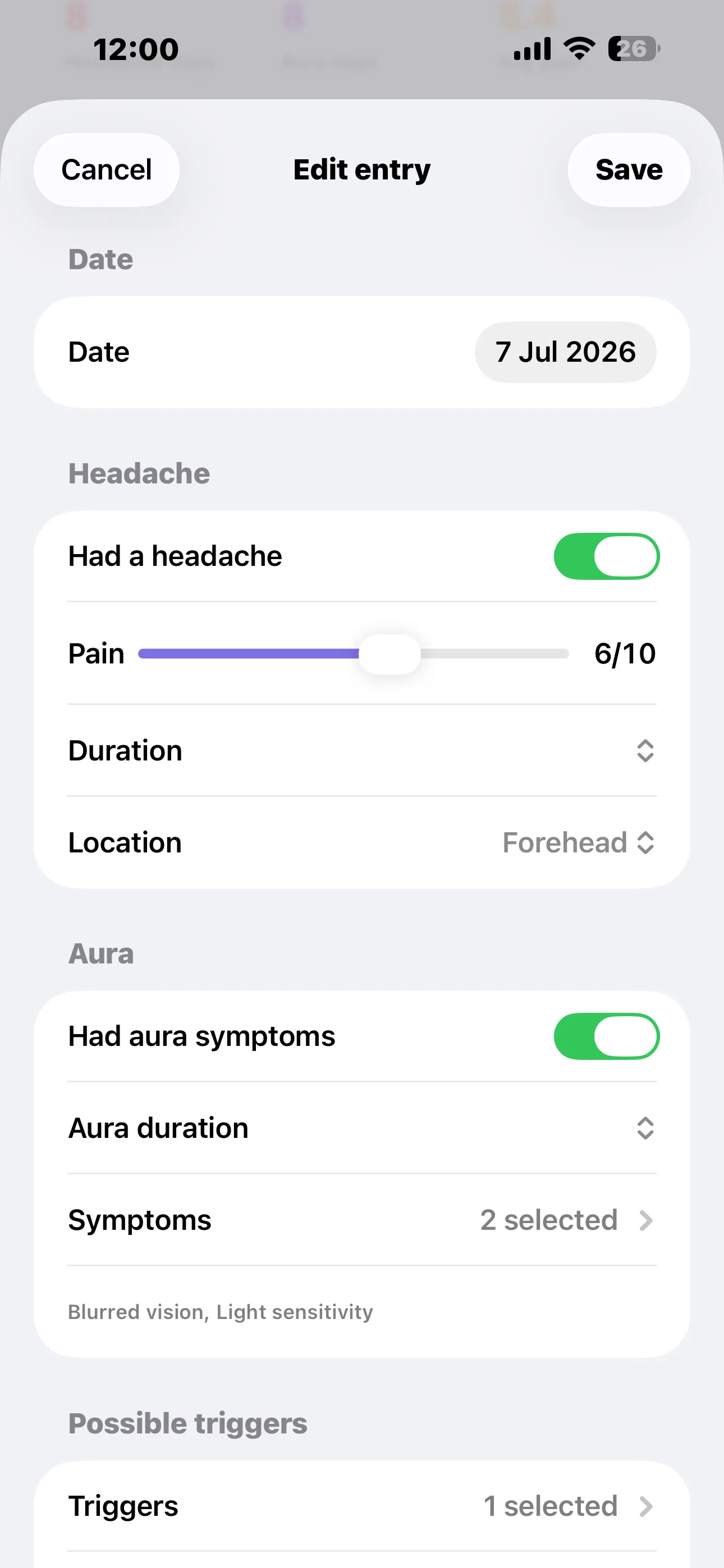 Editing a diary entry — date, headache toggle with a pain slider, duration and location, aura symptoms and possible triggers