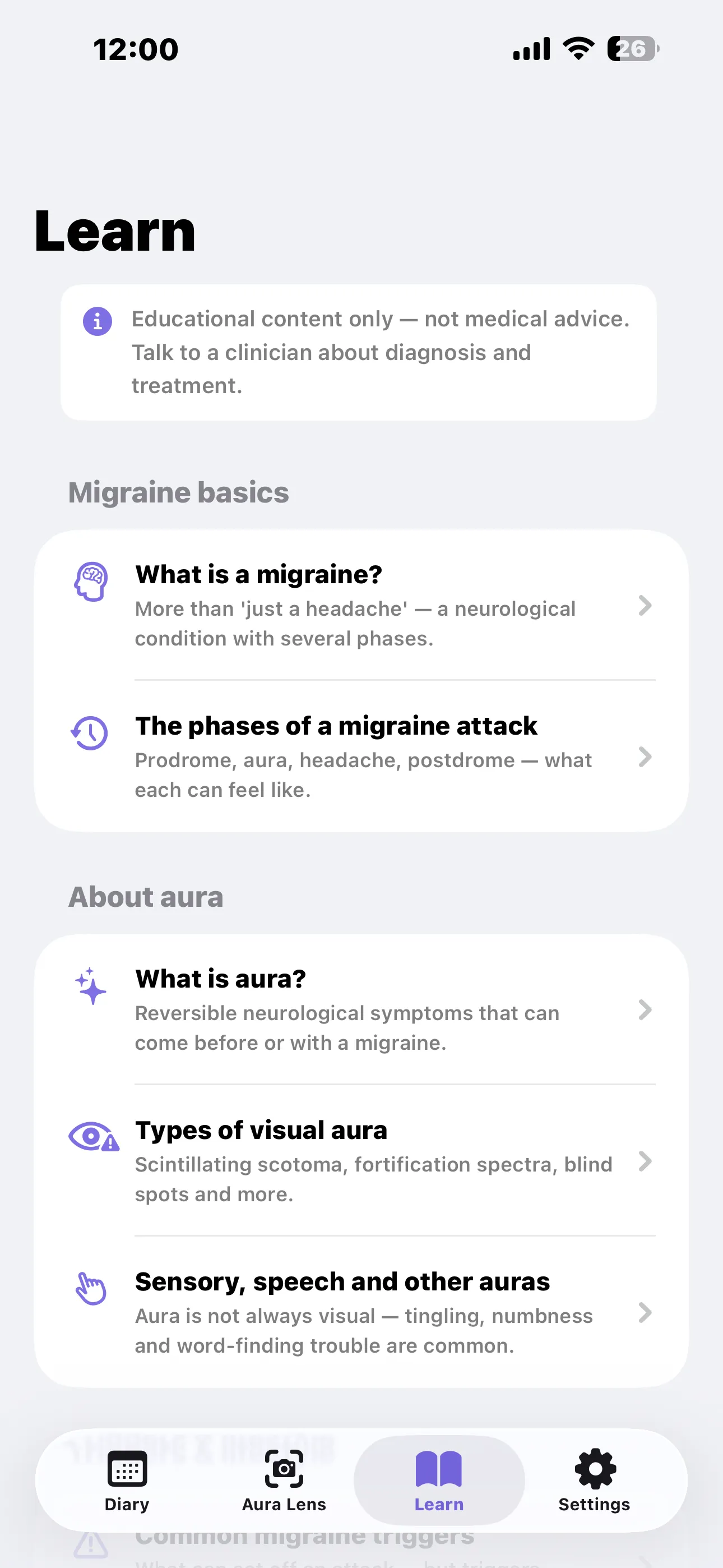 Learn tab listing migraine basics and about-aura articles beneath an educational-content-only notice