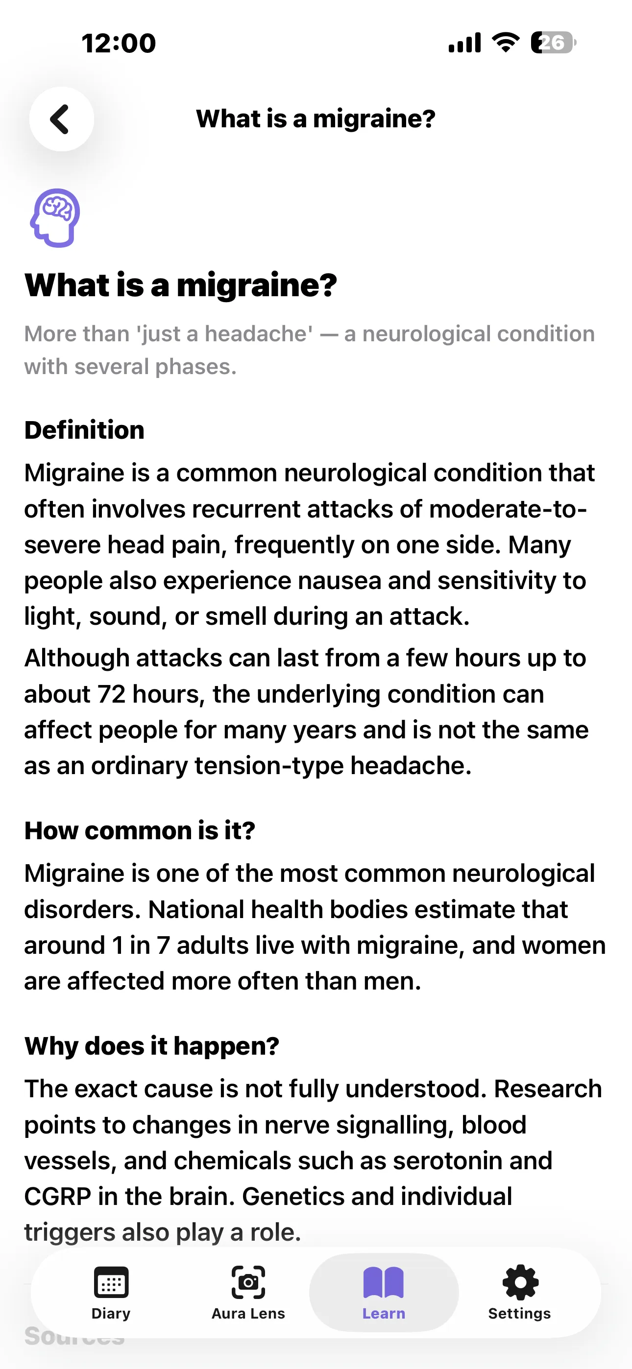 The What is a migraine? article, covering definition, how common it is and why it happens