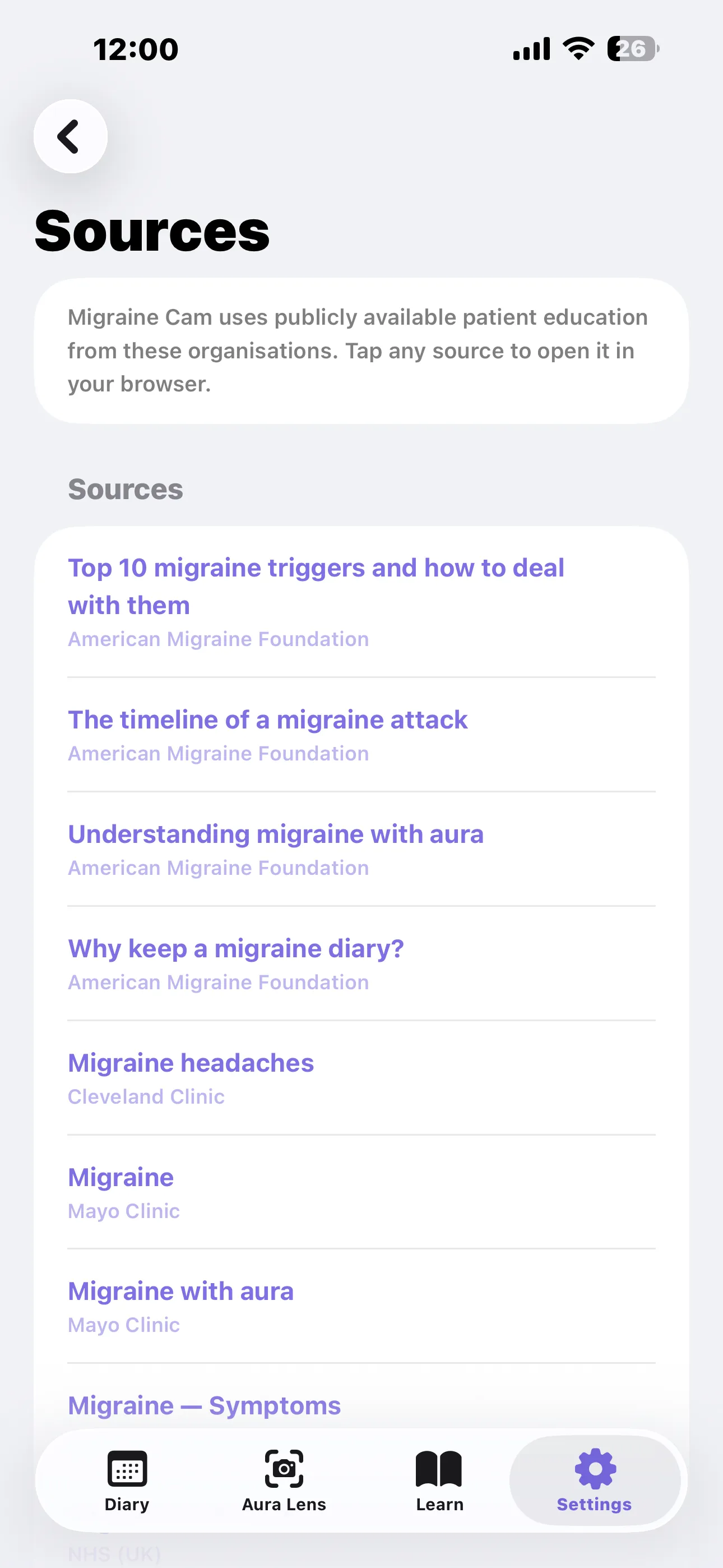 Sources screen listing linked patient education from the American Migraine Foundation, Cleveland Clinic, Mayo Clinic and the NHS