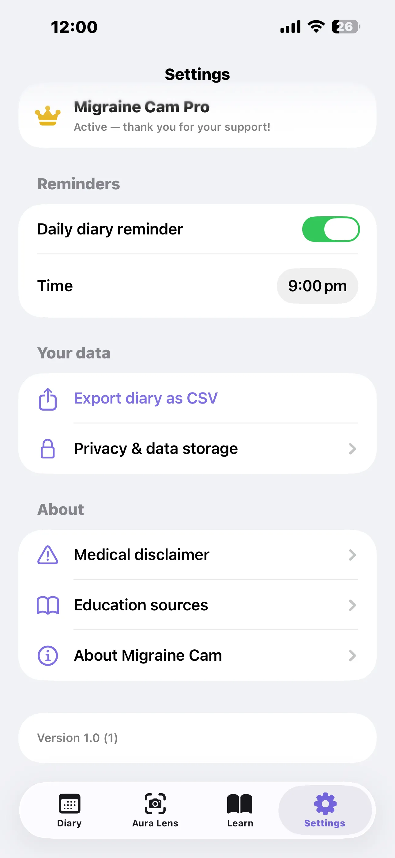Settings with Migraine Cam Pro active, a daily diary reminder, CSV export, privacy and the medical disclaimer
