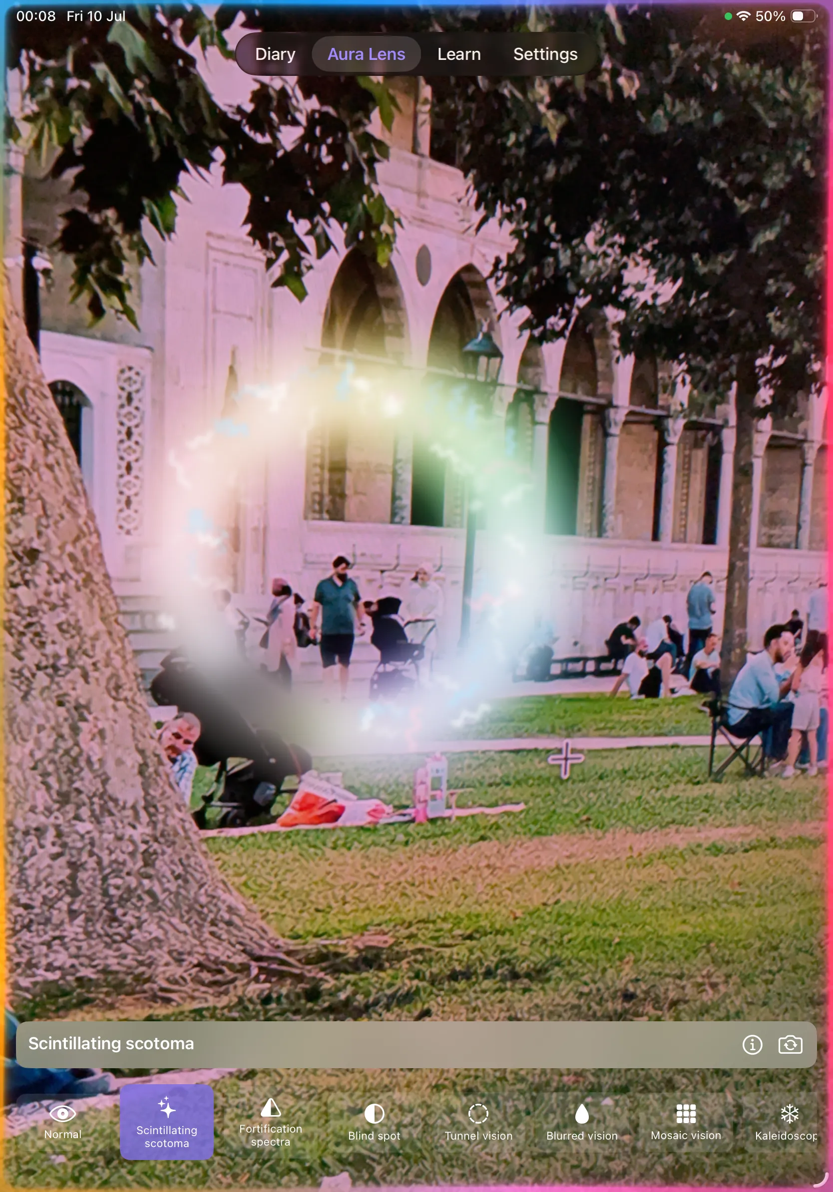 Migraine Cam on iPad — scintillating scotoma filter with all eight aura filters visible along the bottom