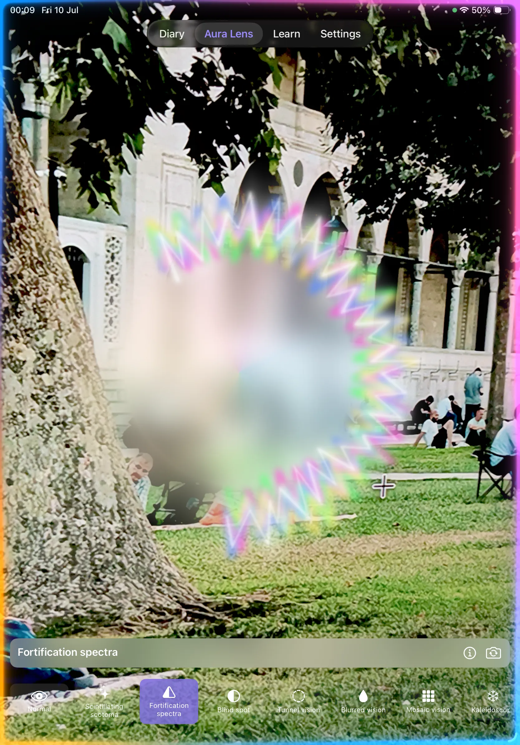 Migraine Cam on iPad — fortification spectra rendered as a coloured zigzag ring