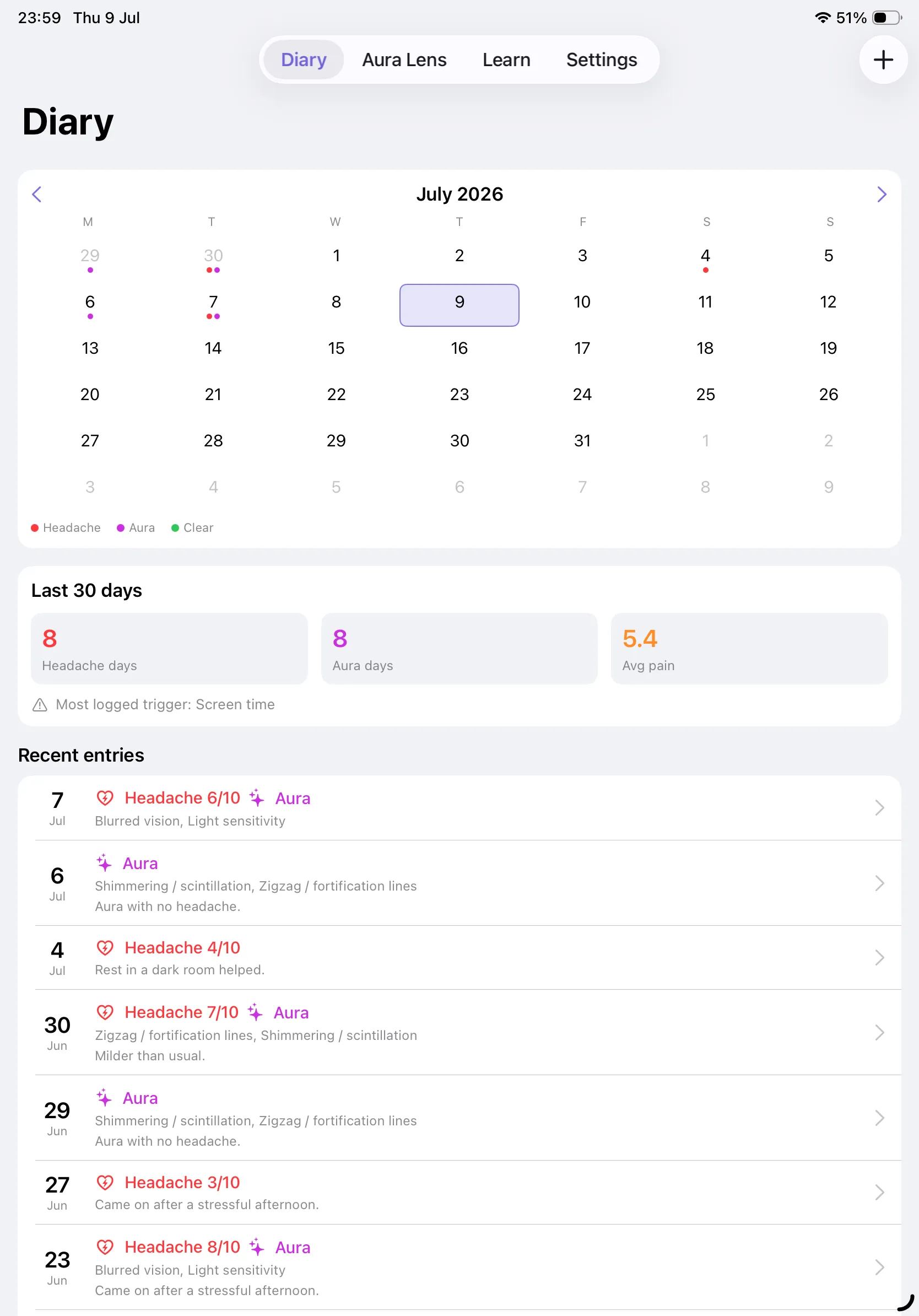 Migraine Cam on iPad — the diary calendar, 30-day statistics and recent entries on one screen