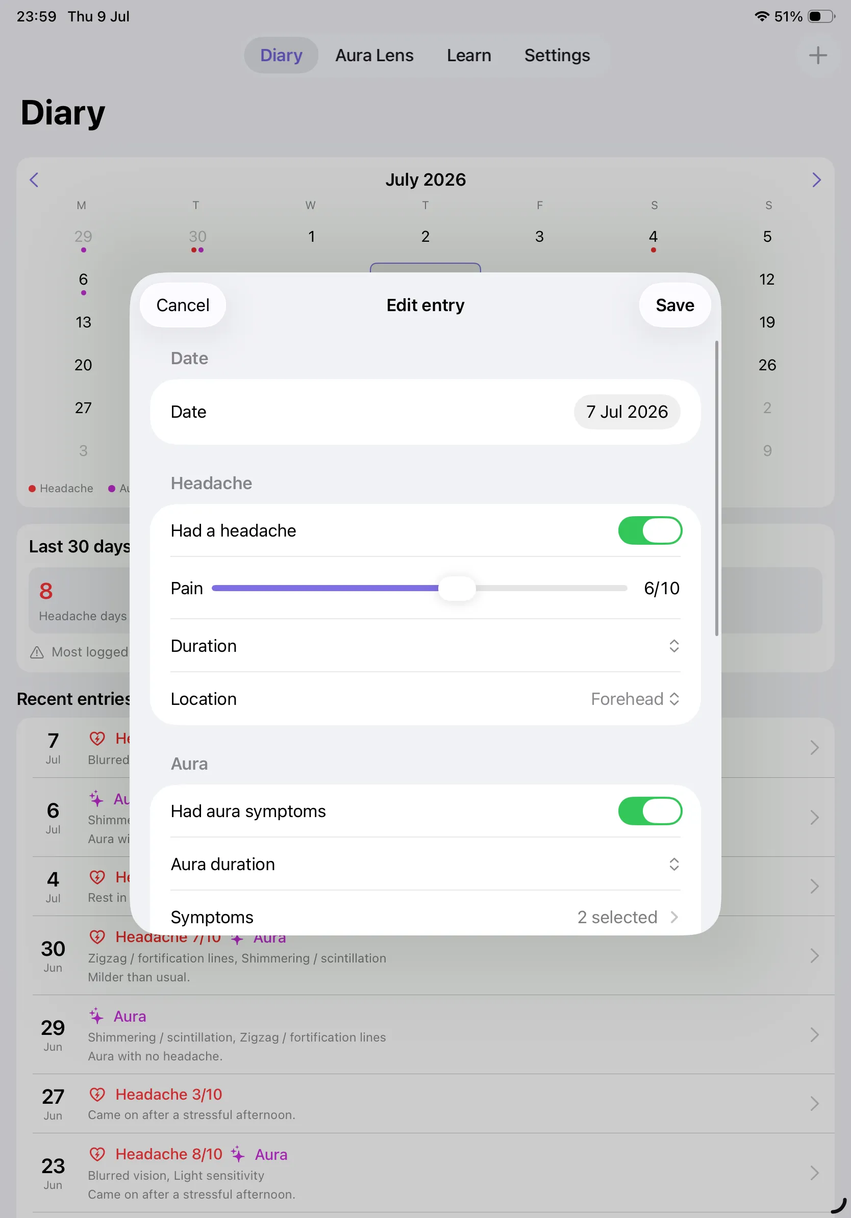 Migraine Cam on iPad — the Edit entry sheet with pain slider, duration, location and aura symptoms