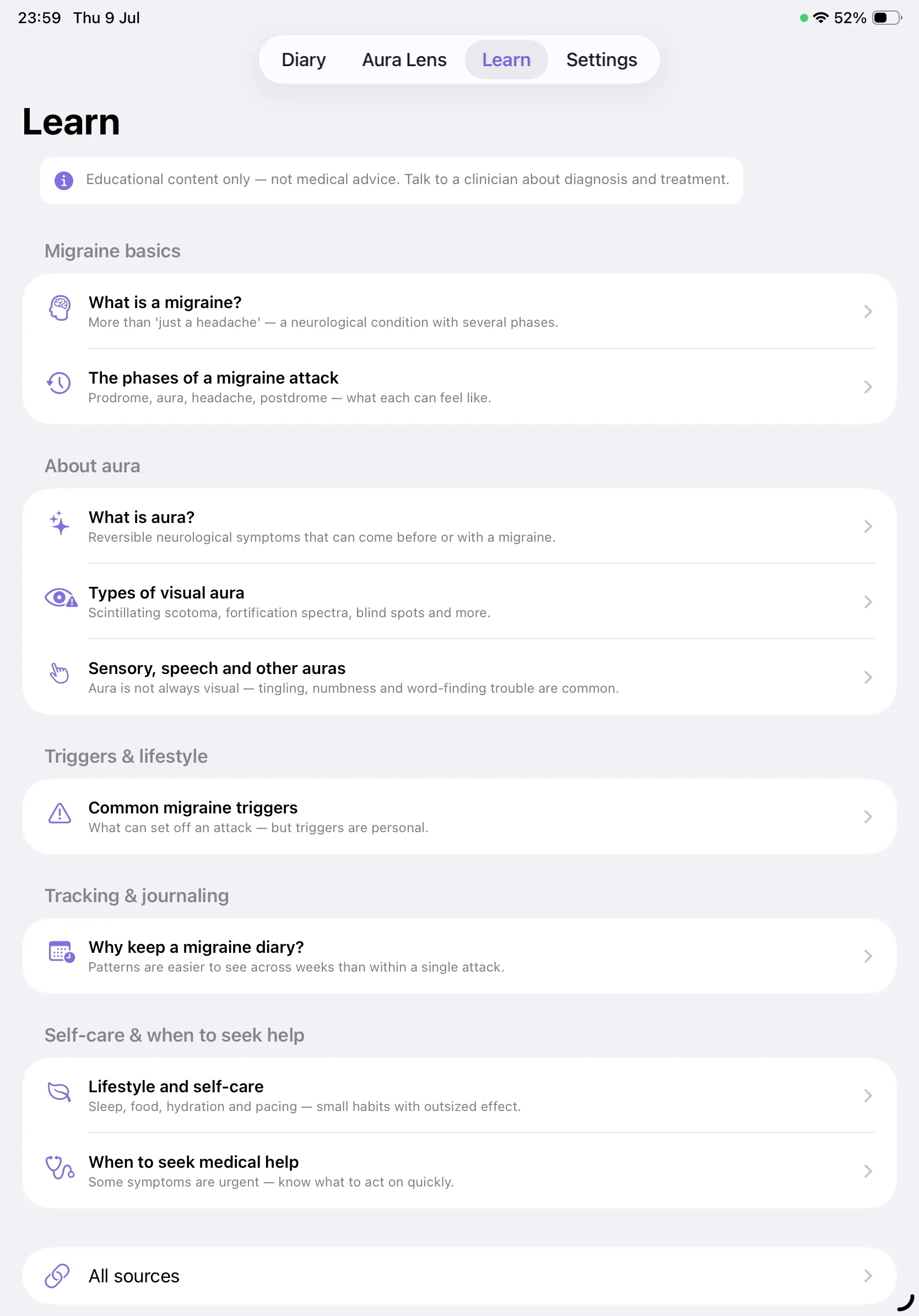 Migraine Cam on iPad — the Learn tab with all nine articles grouped into five sections and an All sources link