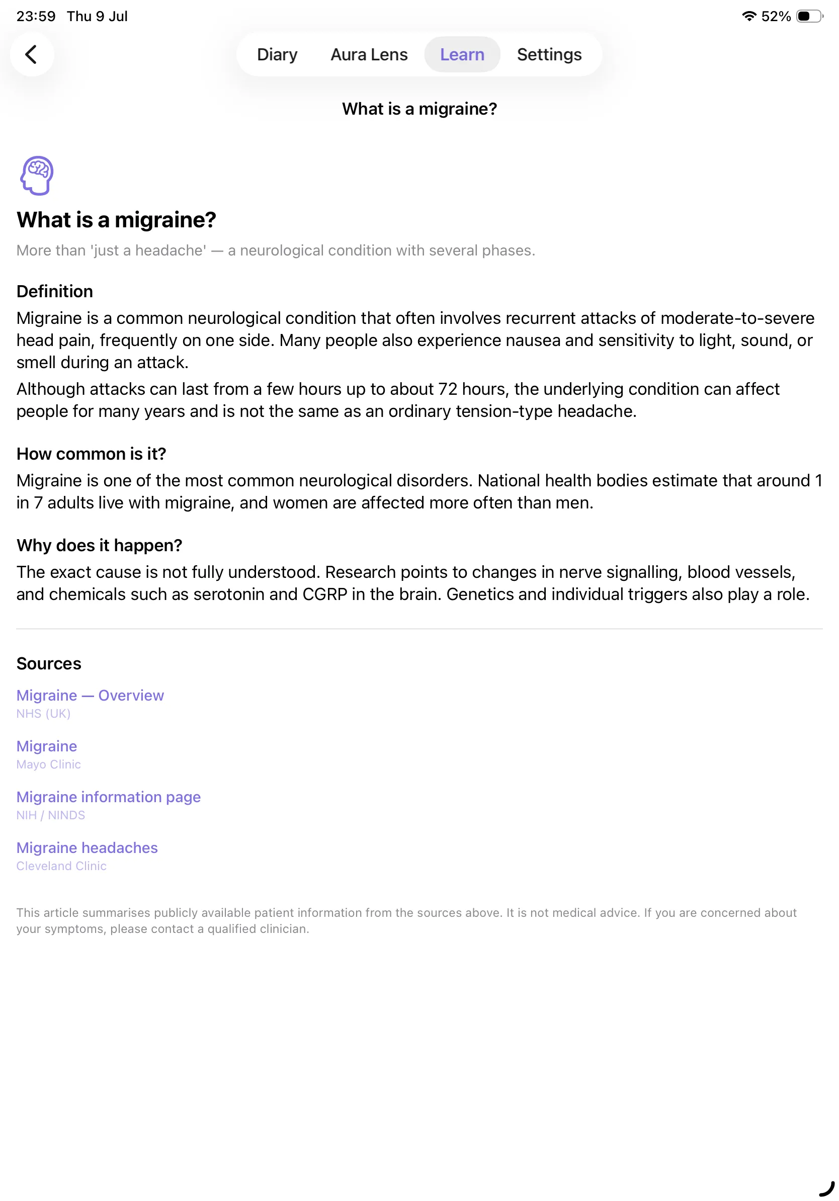 Migraine Cam on iPad — the What is a migraine? article with its NHS, Mayo Clinic, NIH and Cleveland Clinic sources listed