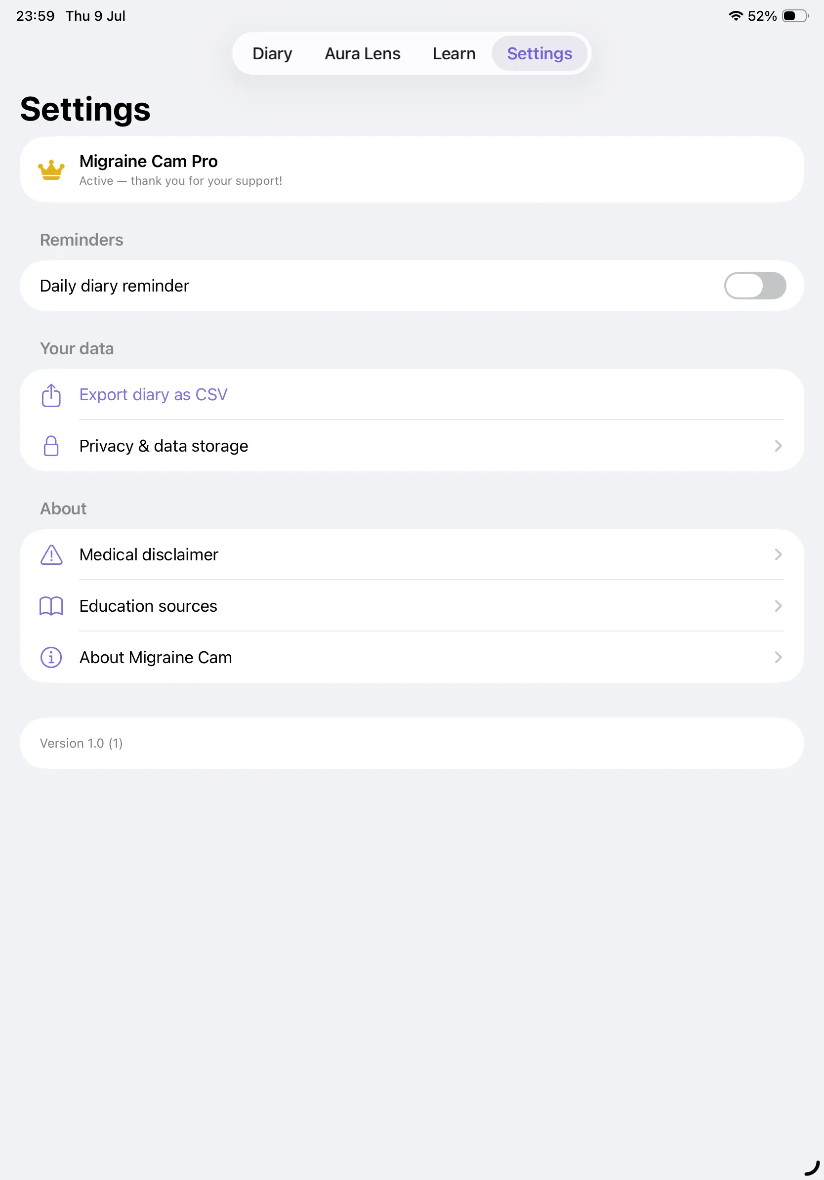 Migraine Cam on iPad — Settings with Pro active, daily reminder, CSV export, privacy and about