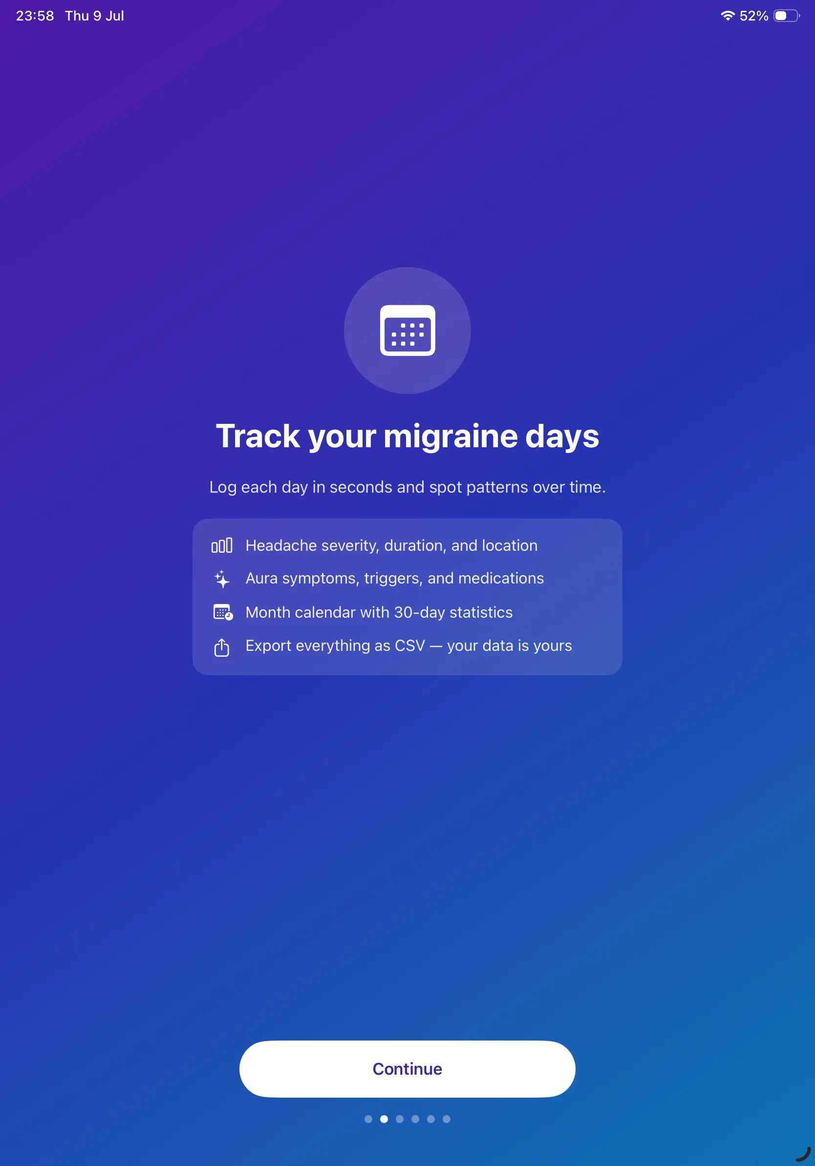 Track your migraine days — headache severity, aura symptoms, a month calendar and CSV export