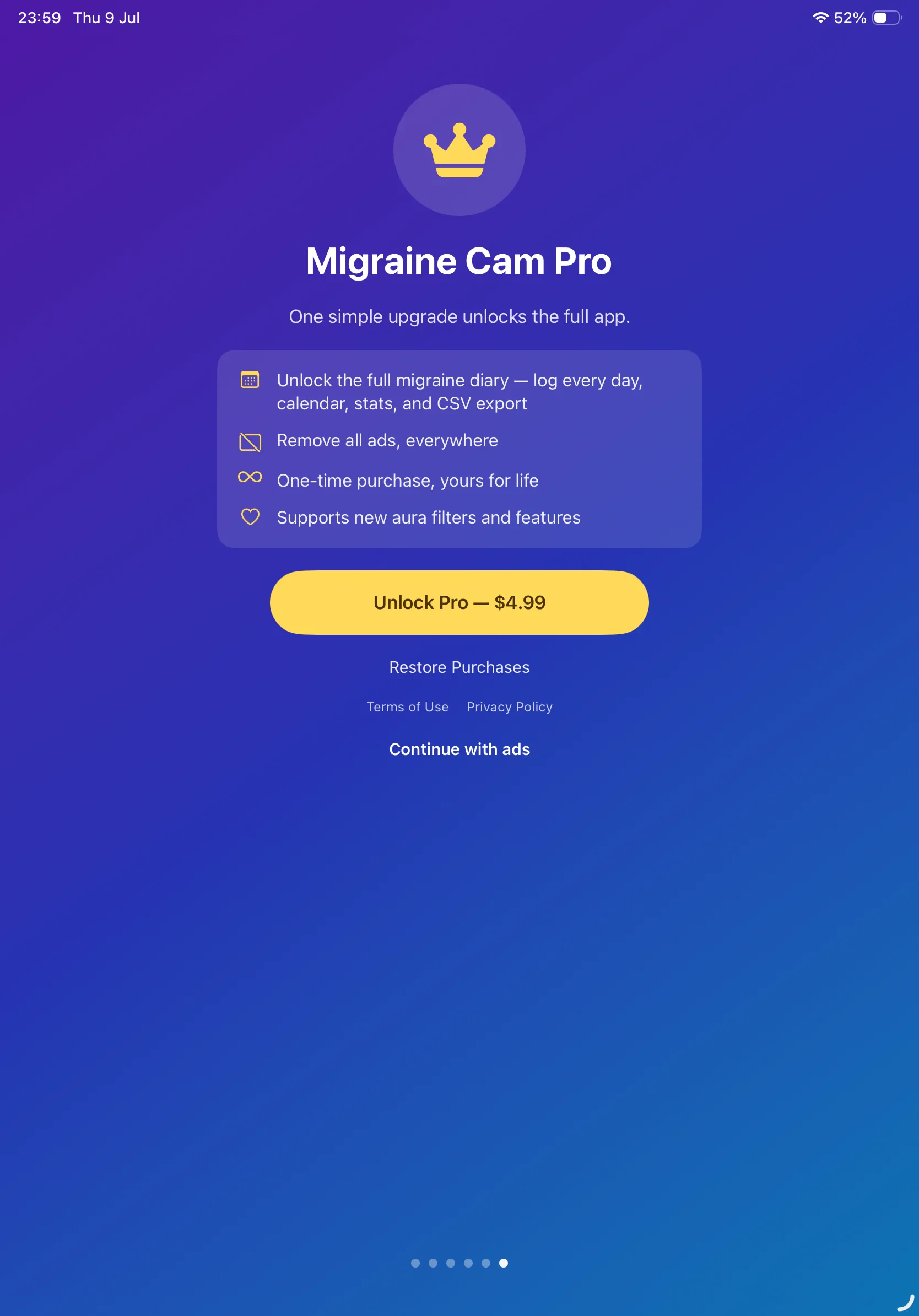 Migraine Cam Pro upgrade screen — unlock the full diary, remove all ads, one-time purchase for $4.99, with Restore Purchases and a Continue with ads option