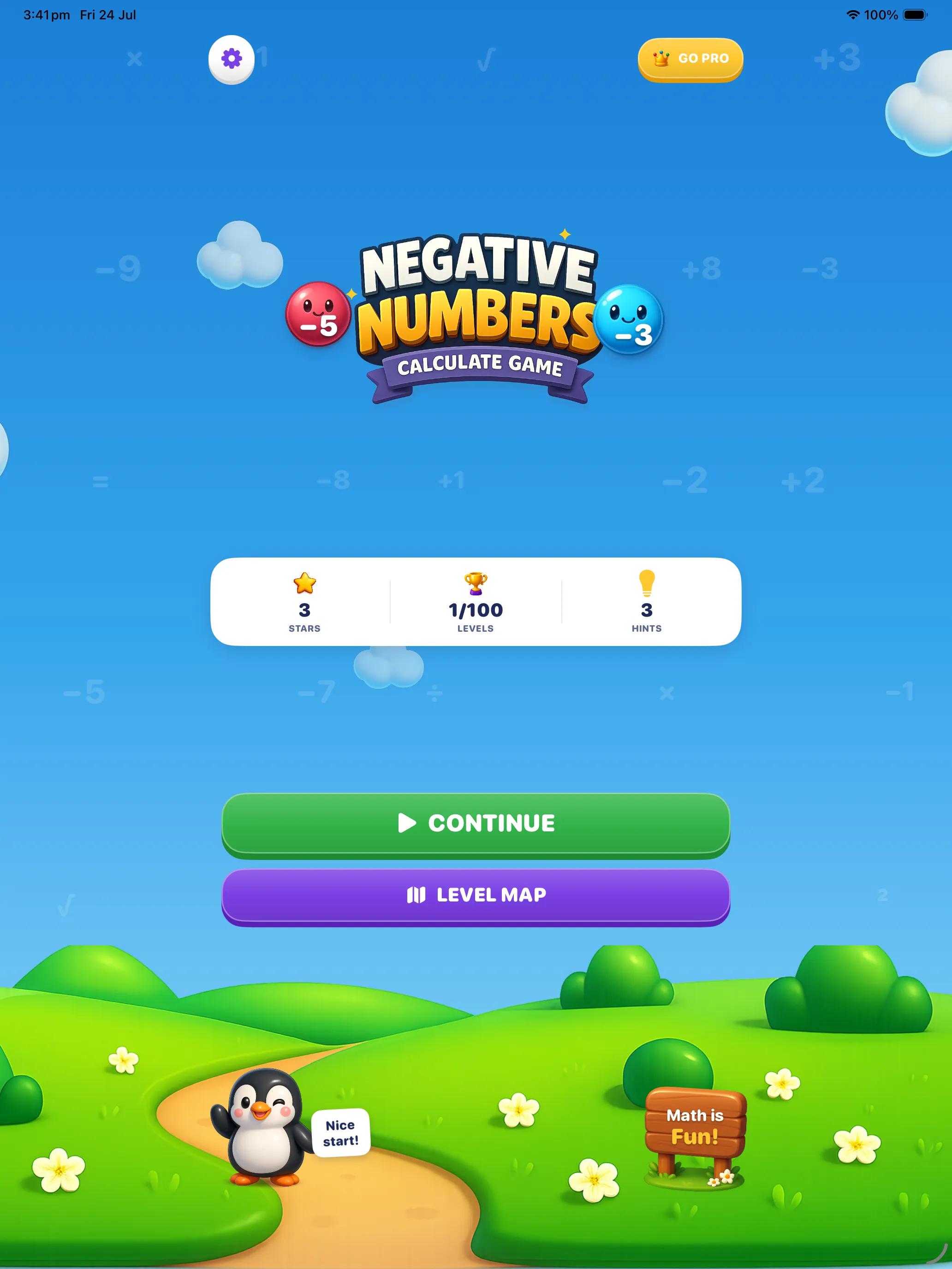 Negative Numbers home screen on iPad — the logo over rolling green hills with the penguin and a Math is Fun signpost