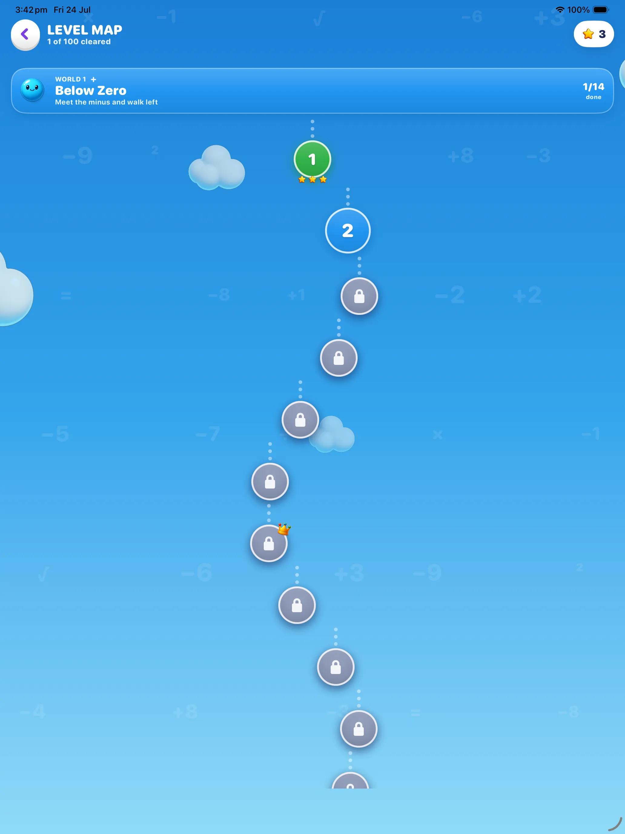 Level map on iPad — the Below Zero path with level 1 cleared at three stars and a crowned Pro level further down