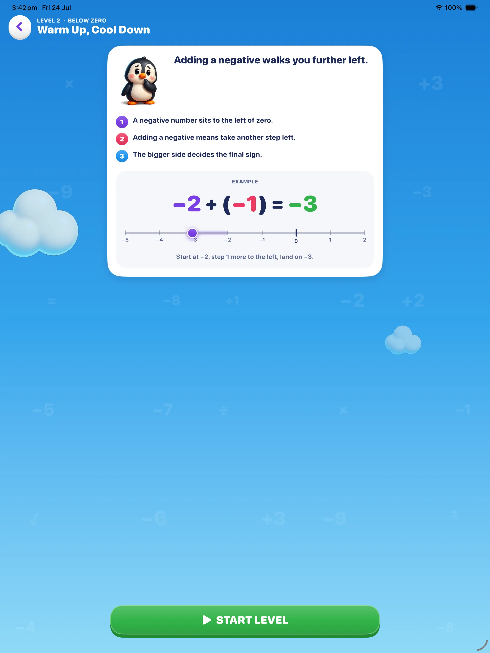 Lesson card on iPad for Level 2 Warm Up, Cool Down with the worked example and number line