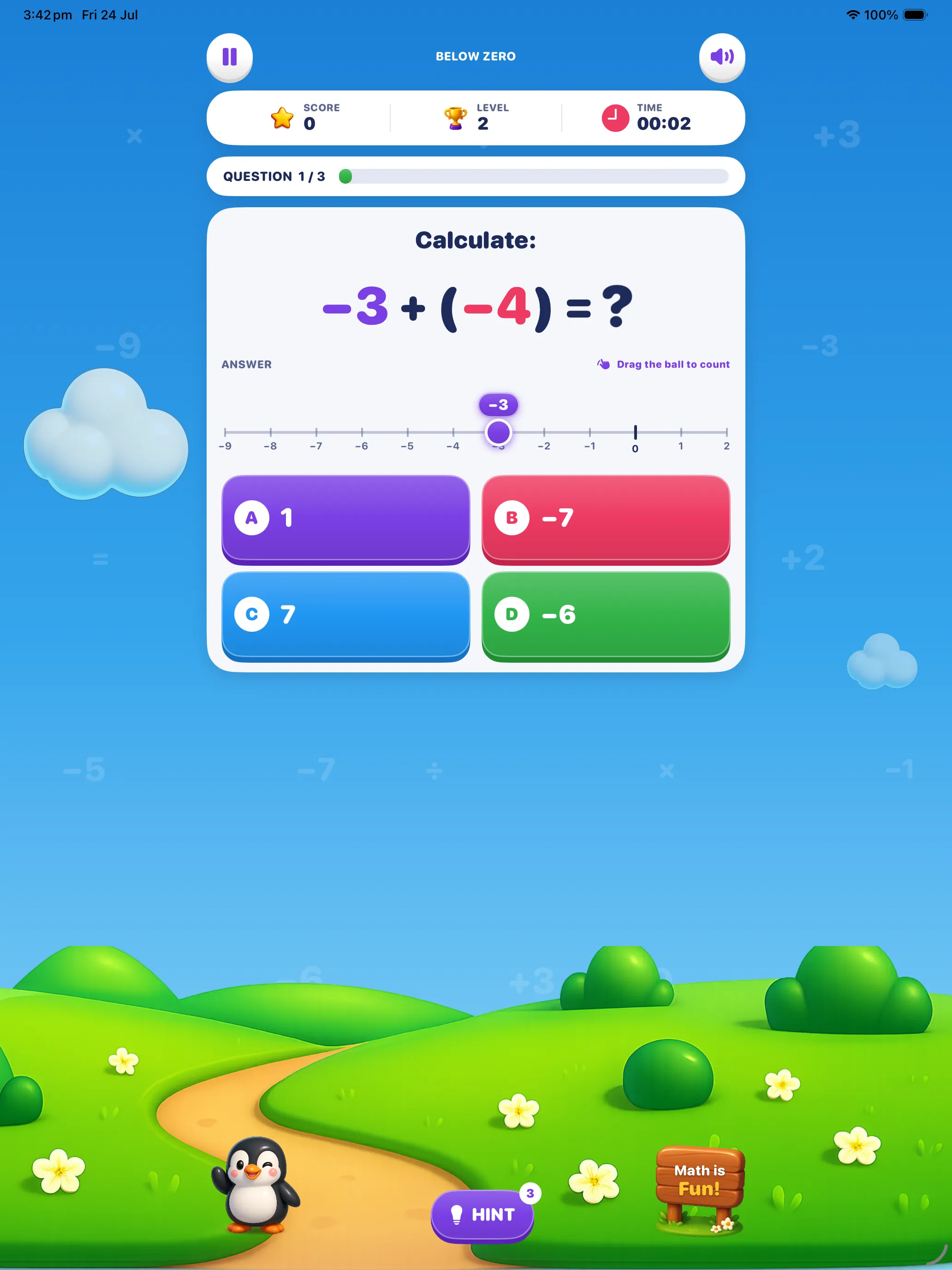 Question on iPad — Calculate −3 + (−4) with the number line, four answers and a hint button showing three hints left