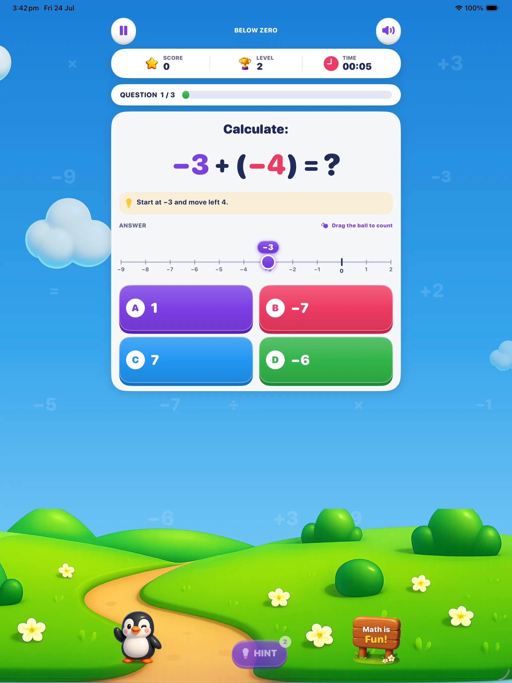 Hint used on iPad — a yellow bar reading Start at −3 and move left 4 above the answer buttons