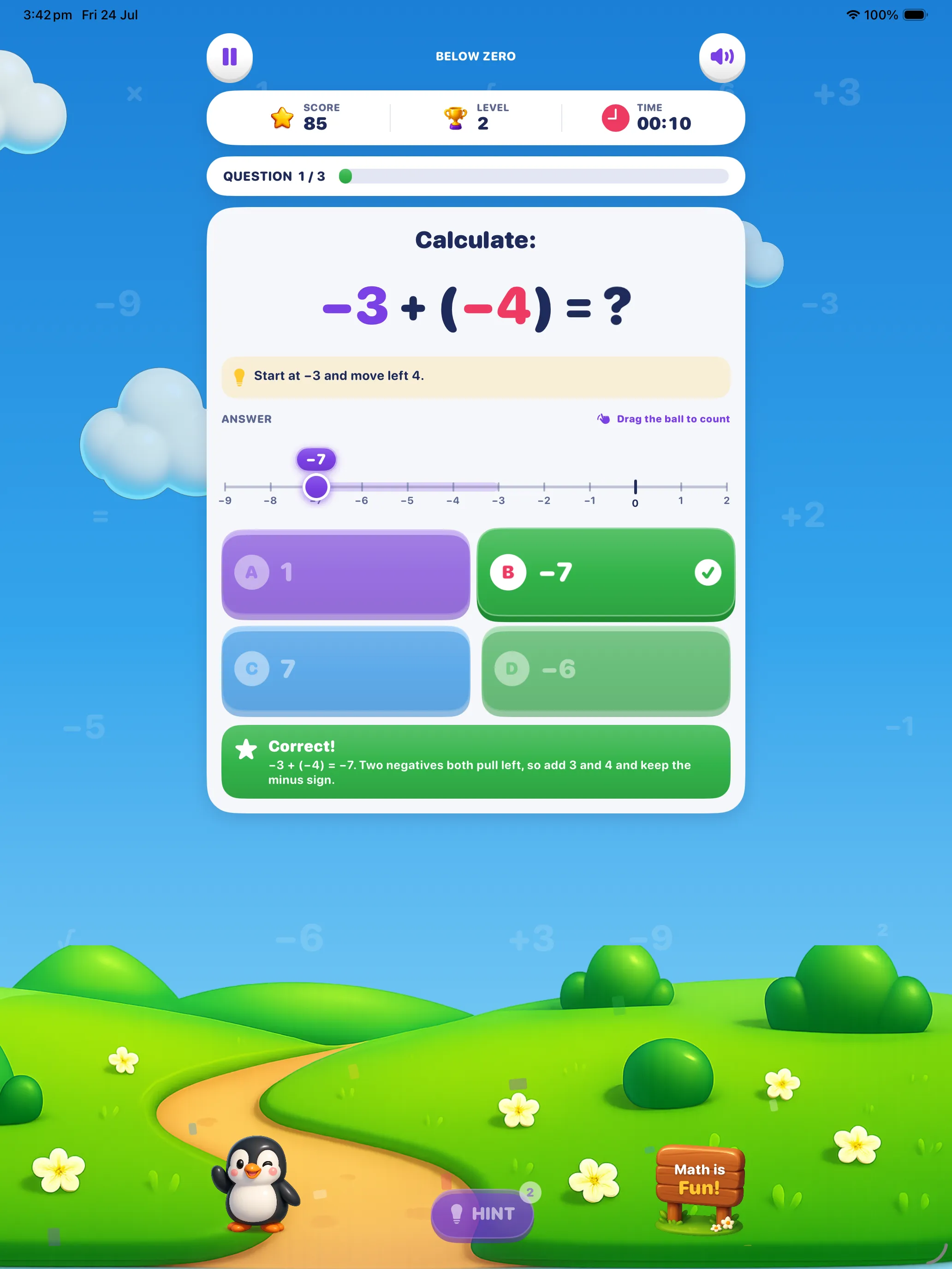 Correct answer on iPad — the −7 button turns green with the explanation that two negatives both pull left