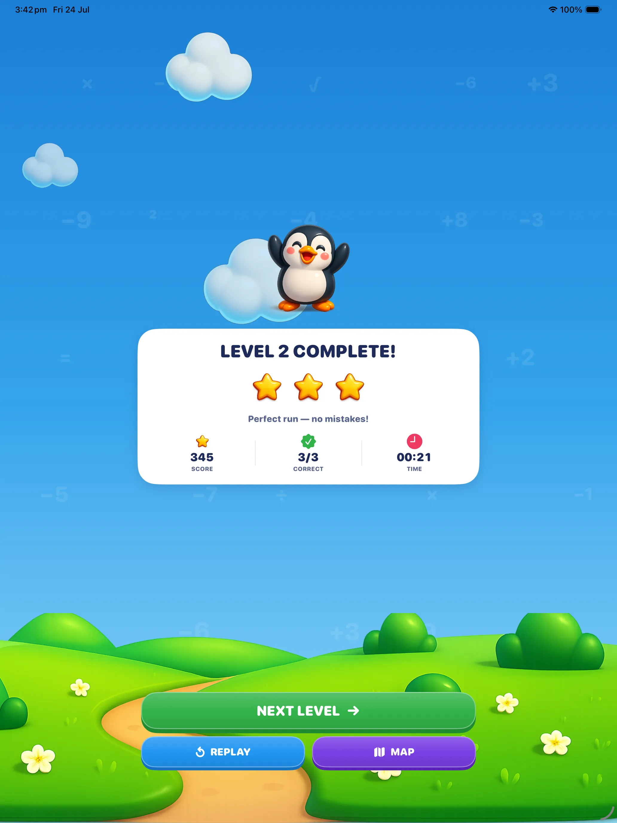 Level complete on iPad — three stars, a perfect run message, score 345 and the Next Level, Replay and Map buttons