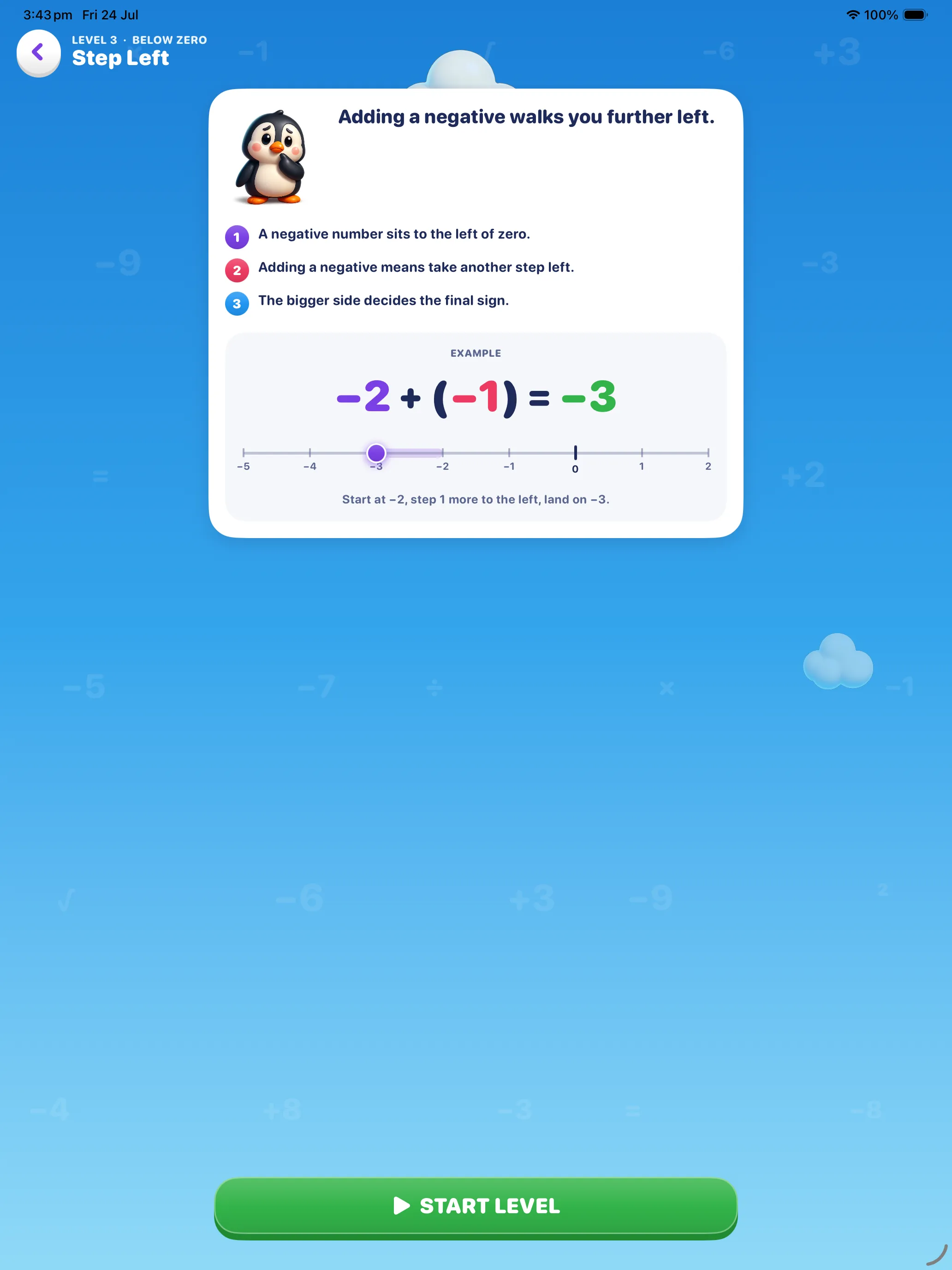 Lesson card on iPad for Level 3 Step Left, showing the same three rules and worked example