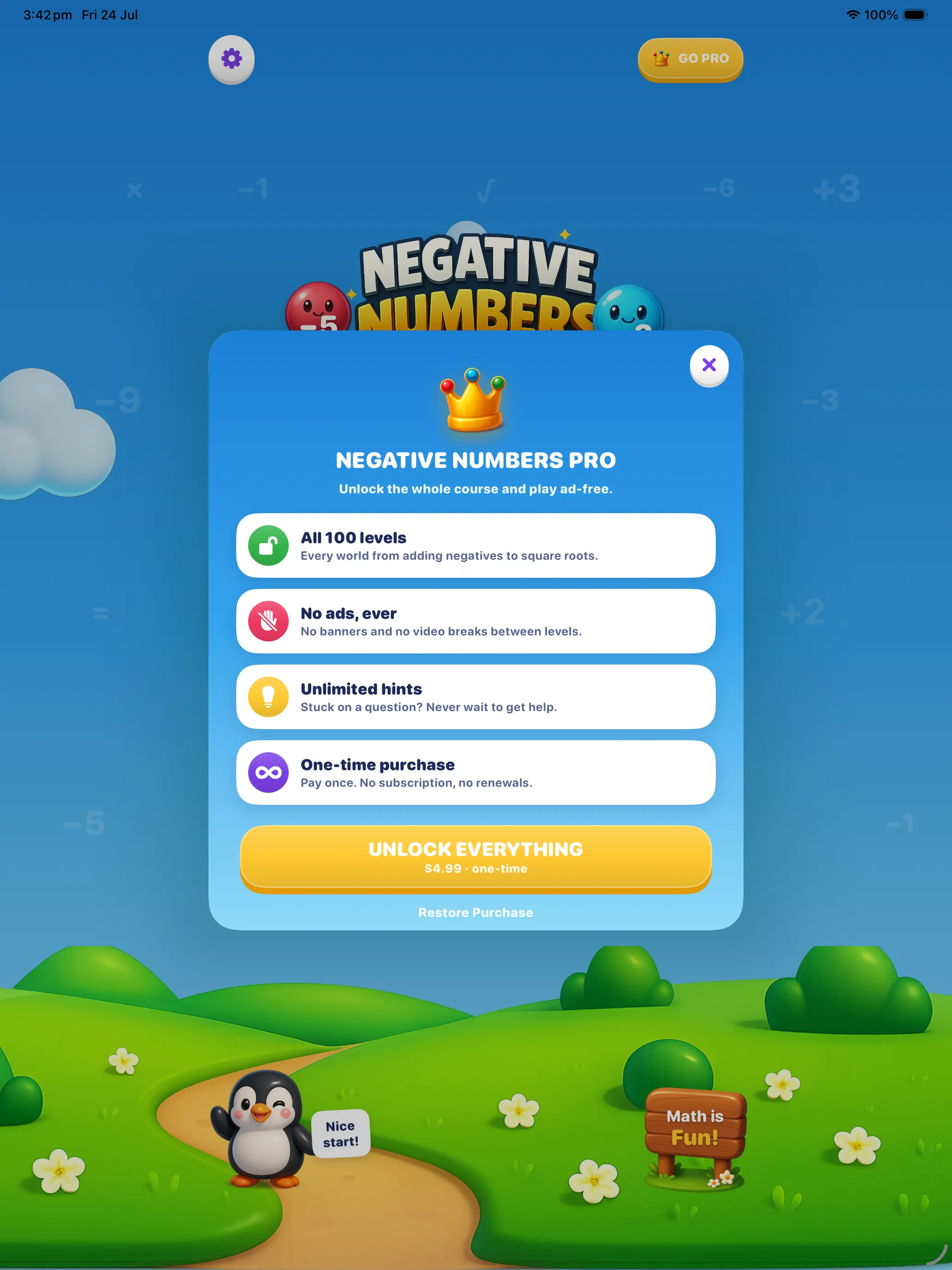 Negative Numbers Pro sheet on iPad listing all 100 levels, no ads, unlimited hints and the one-time unlock