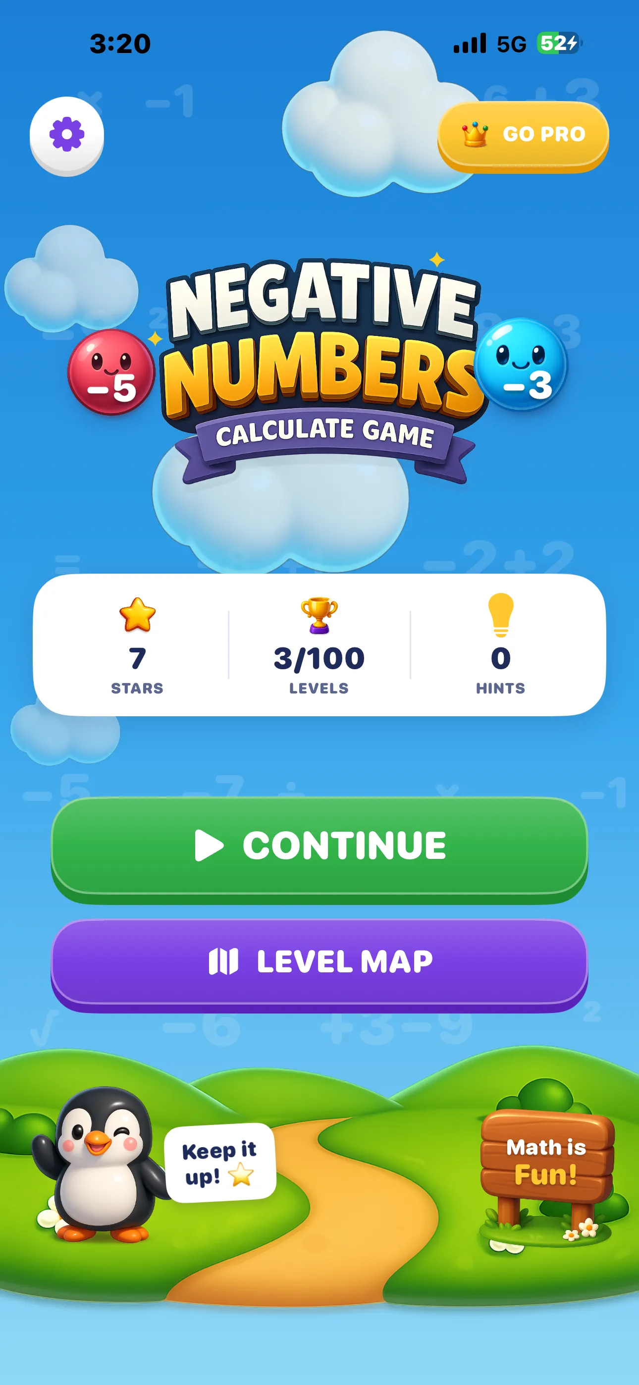 Negative Numbers home screen on iPhone — the game logo in a blue sky above stars, levels and hints counters with Continue and Level Map buttons
