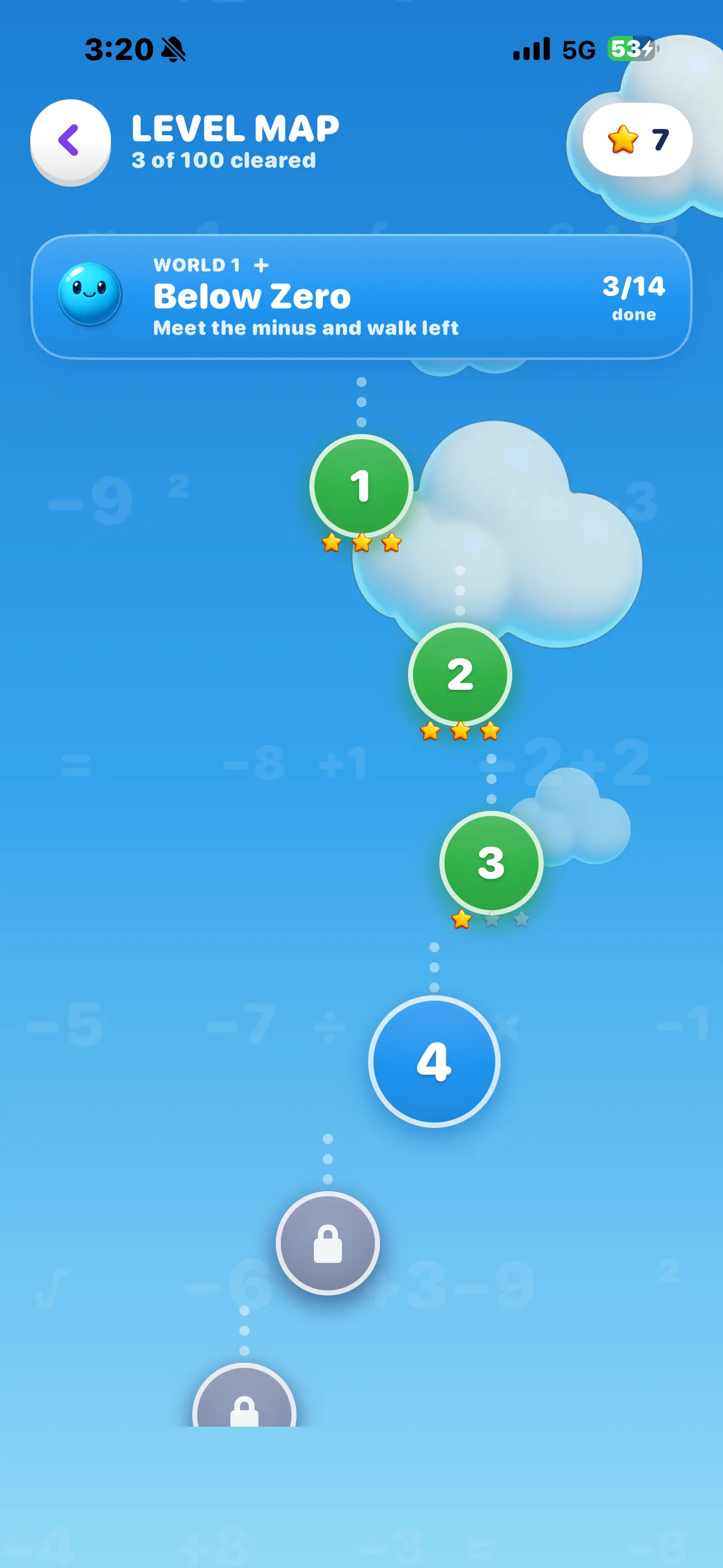 Level map on iPhone — World 1 Below Zero, a winding path of numbered level bubbles with earned stars and locked levels ahead