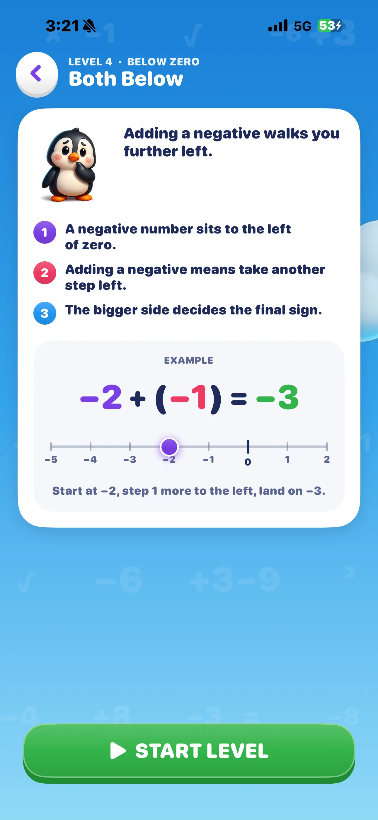 Lesson card on iPhone for Level 4 Both Below — three rules, the worked example −2 + (−1) = −3 and a number line