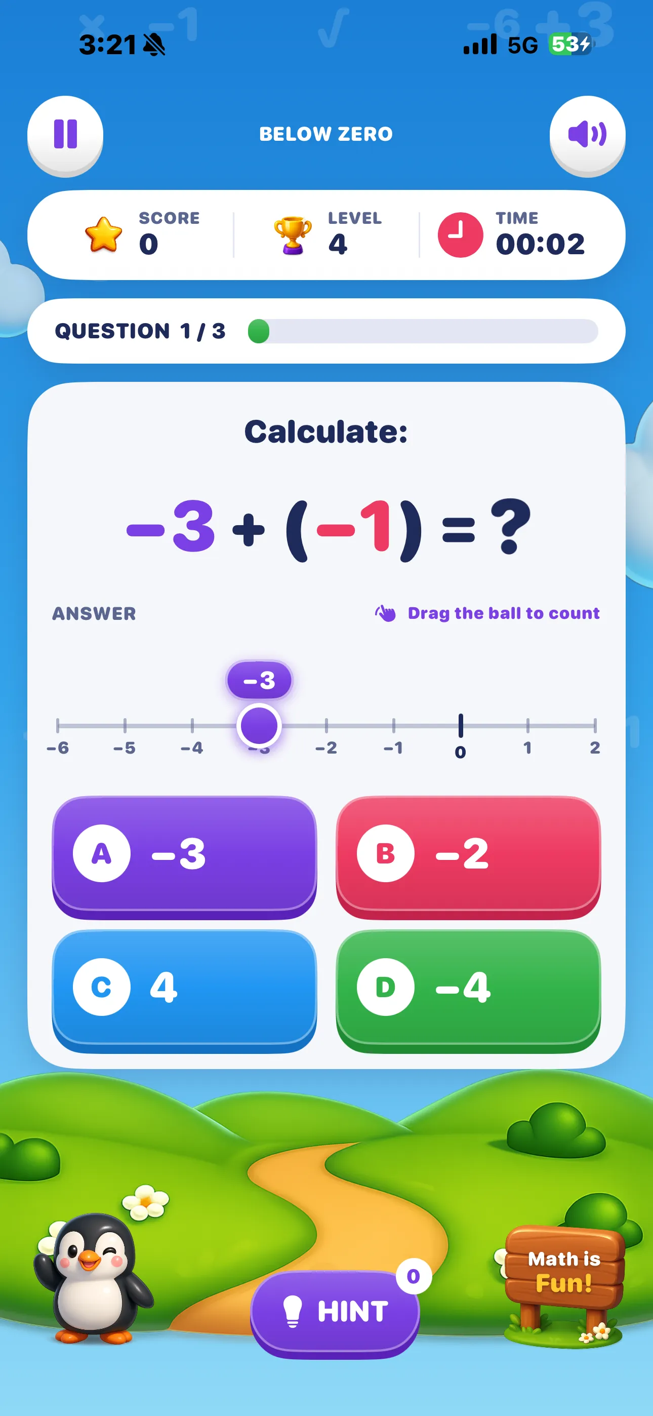 Negative Numbers gameplay on iPhone — the question −3 + (−1) = ? above a draggable number line and four coloured answer buttons