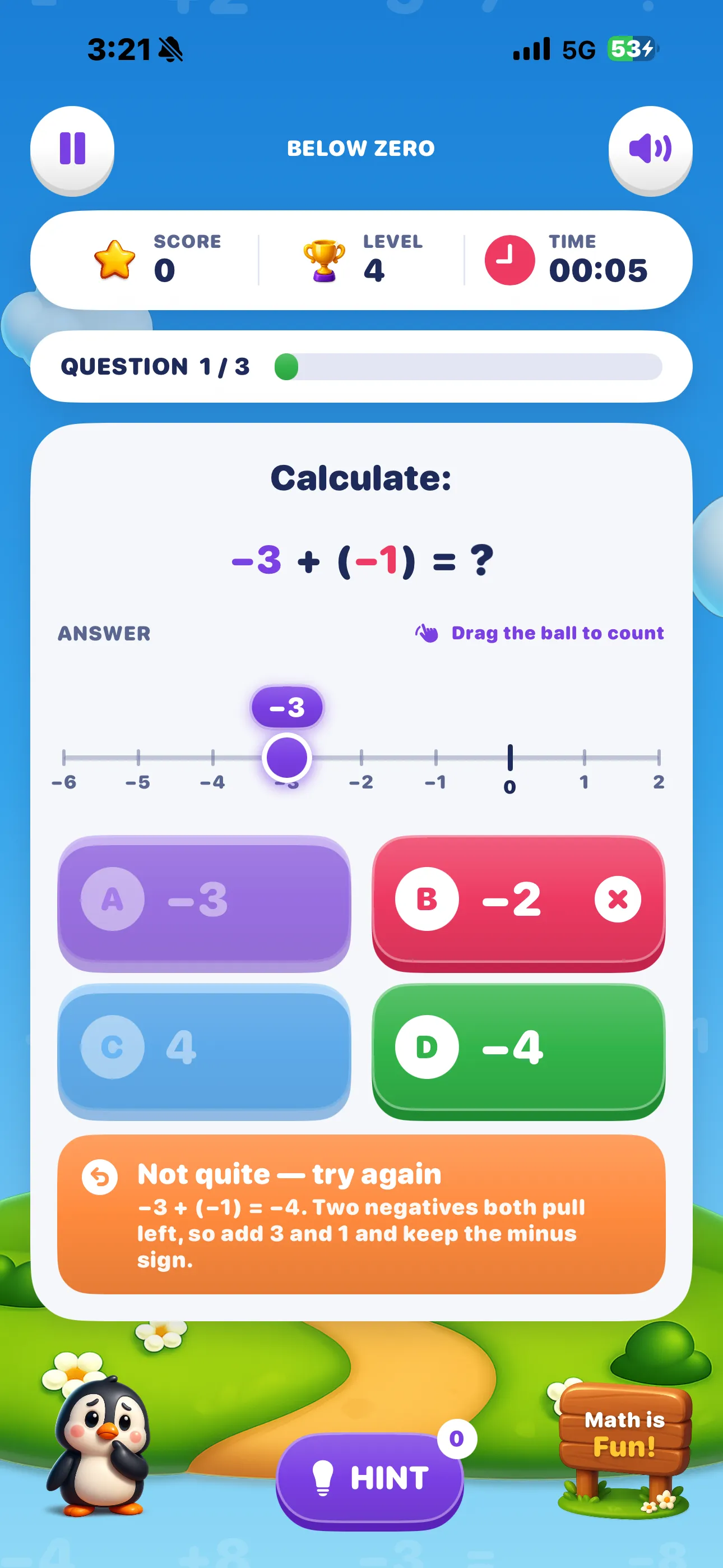 Wrong answer on iPhone — an orange Not quite panel explaining that two negatives both pull left, with the question still open