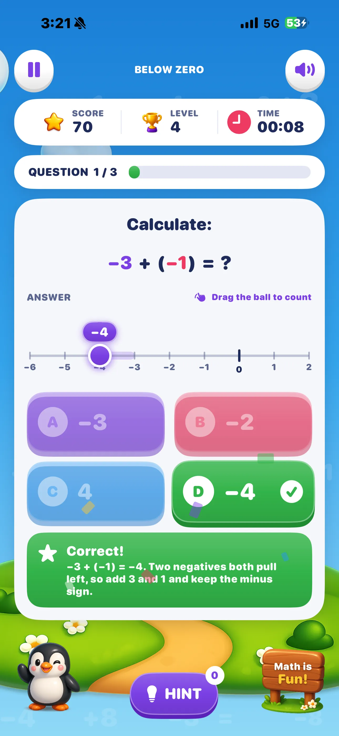 Correct answer on iPhone — the −4 button turns green with confetti and an explanation of why the answer is −4
