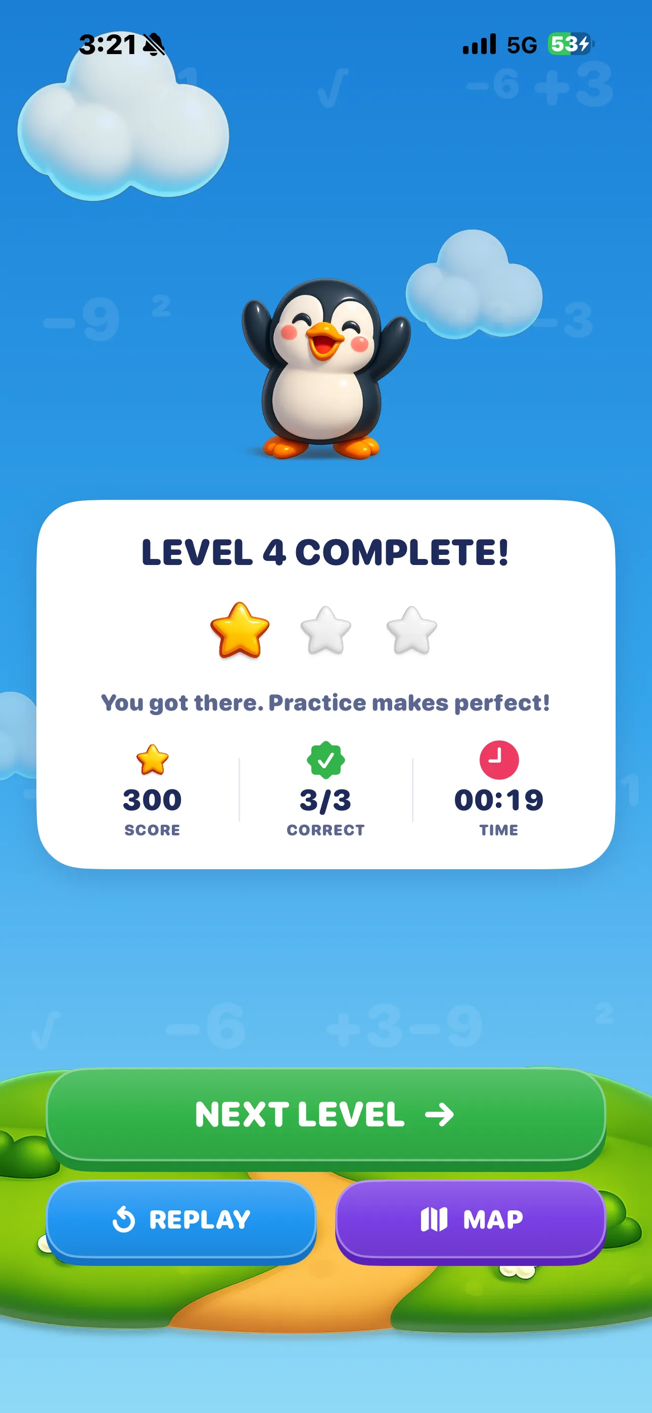Level complete on iPhone — a cheering penguin, one earned star, score, correct count and level time