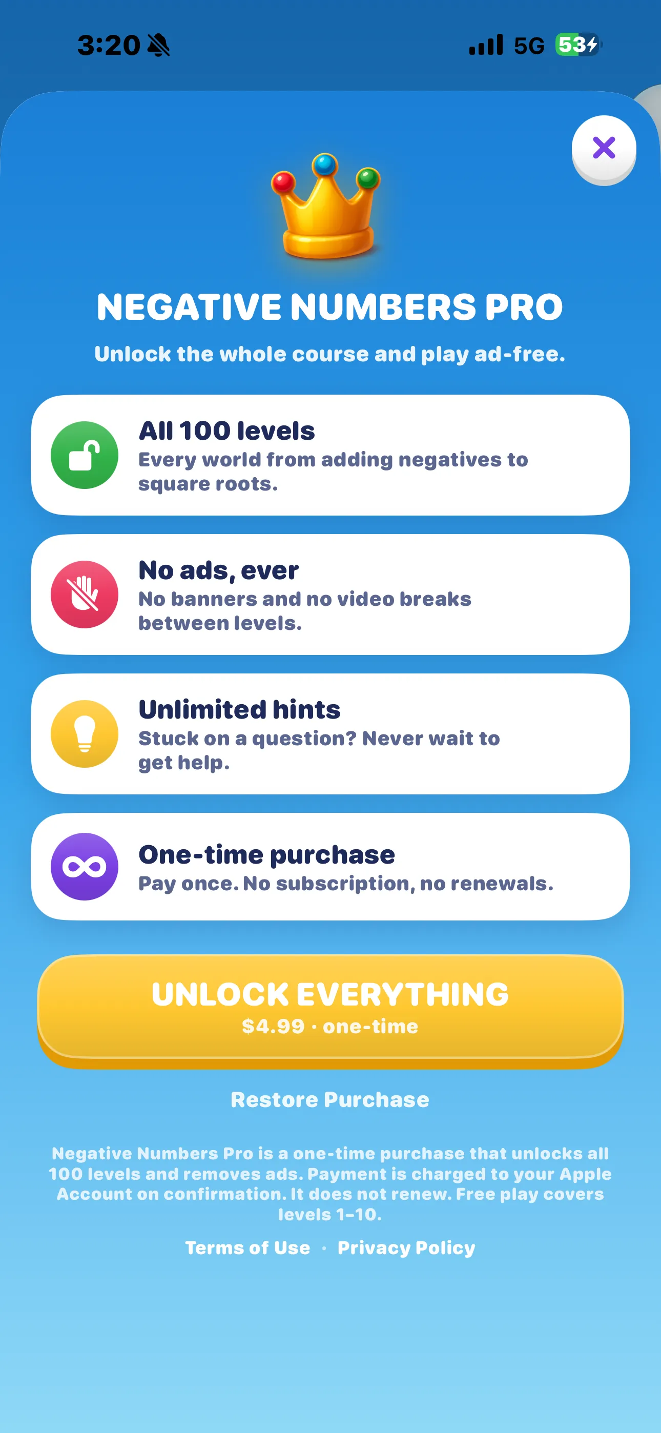 Negative Numbers Pro screen on iPhone — all 100 levels, no ads, unlimited hints and a one-time $4.99 purchase