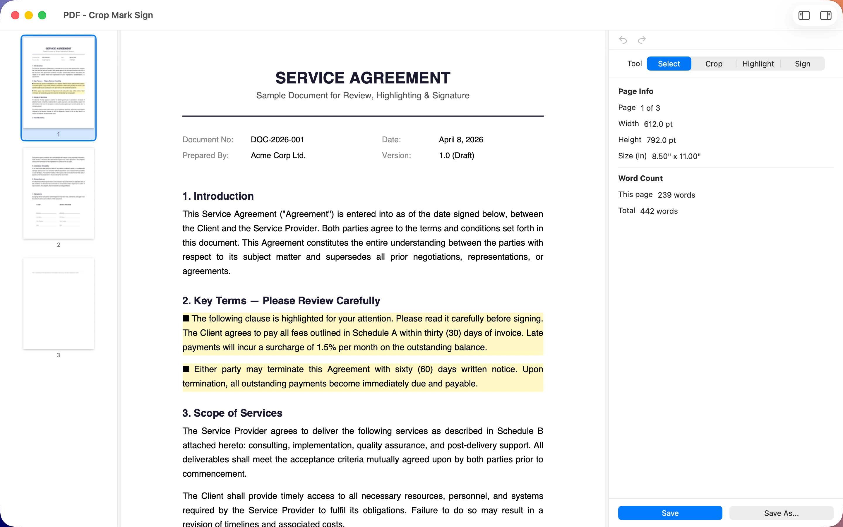 Select tool showing page info and word count