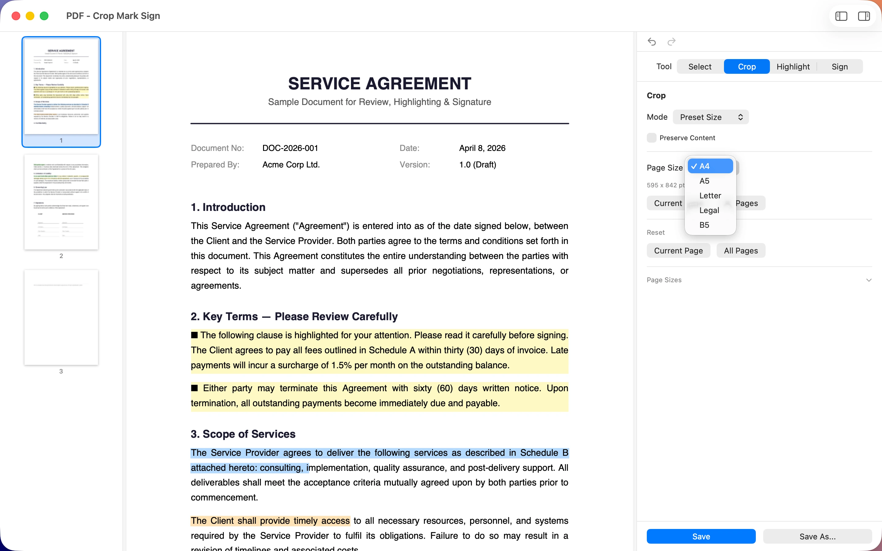 Crop tool with preset page sizes A4 A5 Letter Legal B5