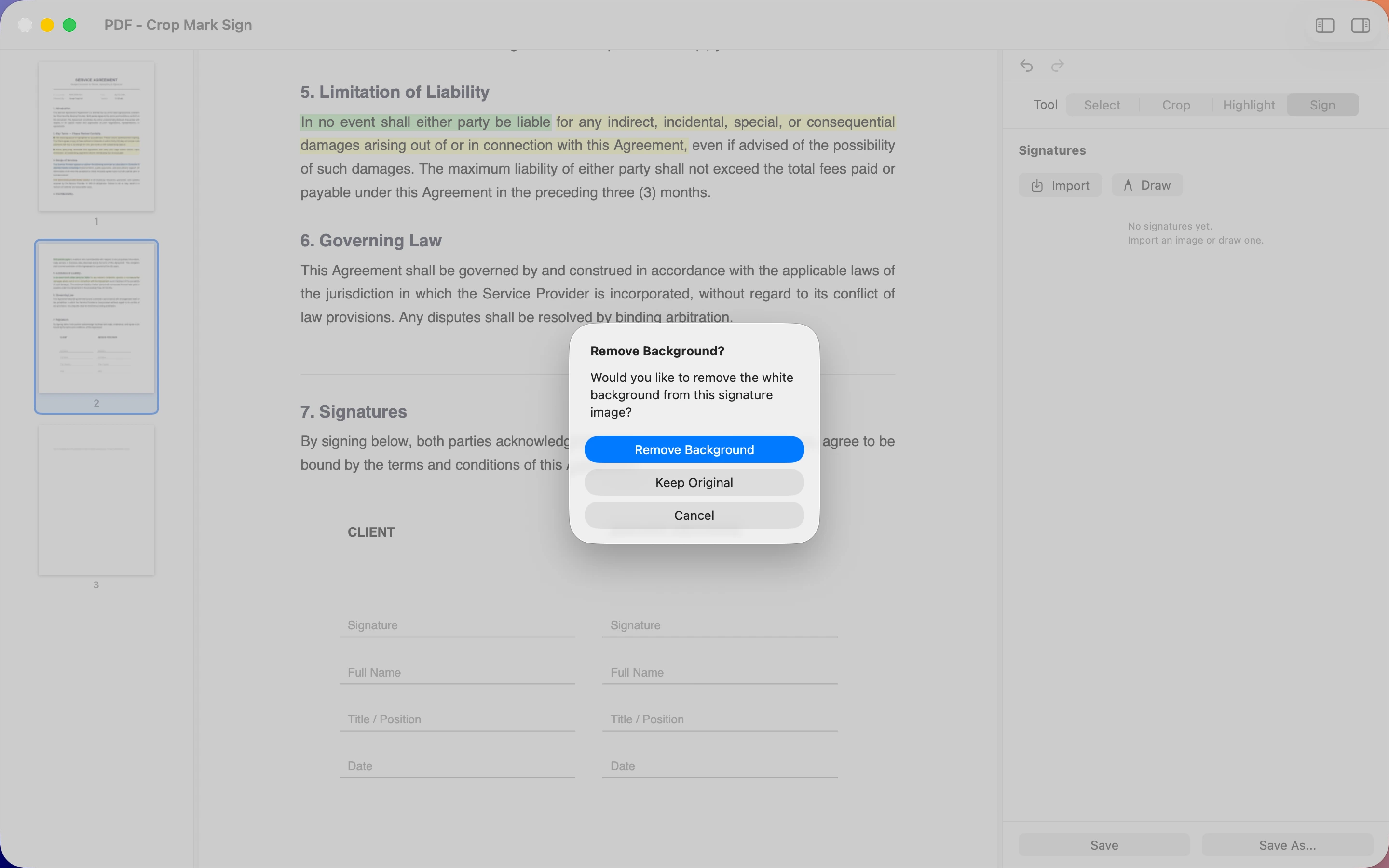 Remove background prompt for imported signature image