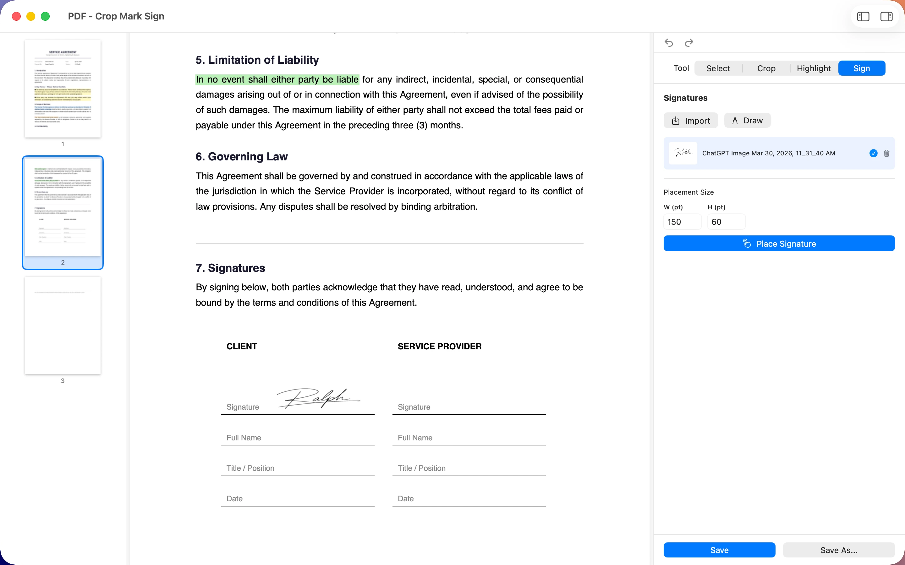 Signed PDF with placed signature on signature line