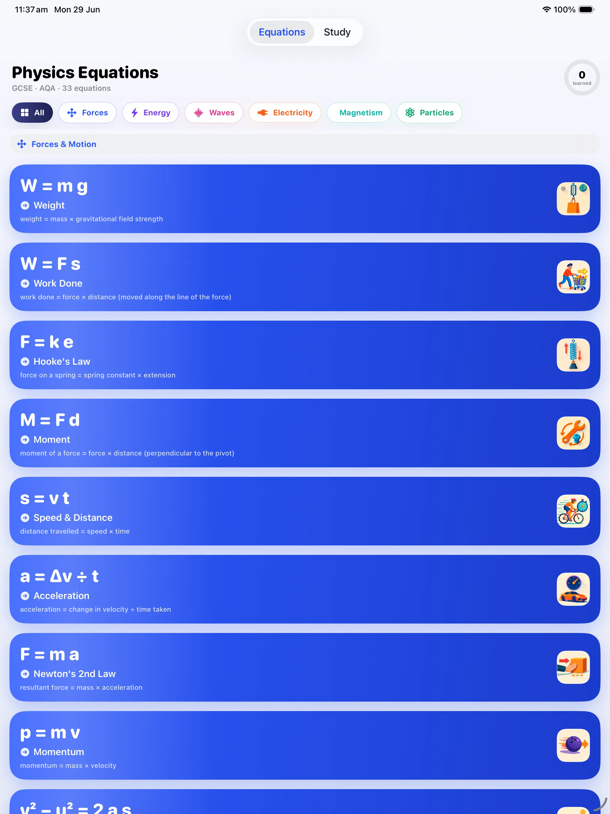 GCSE Physics equation sheet — Forces & Motion equations on iPad